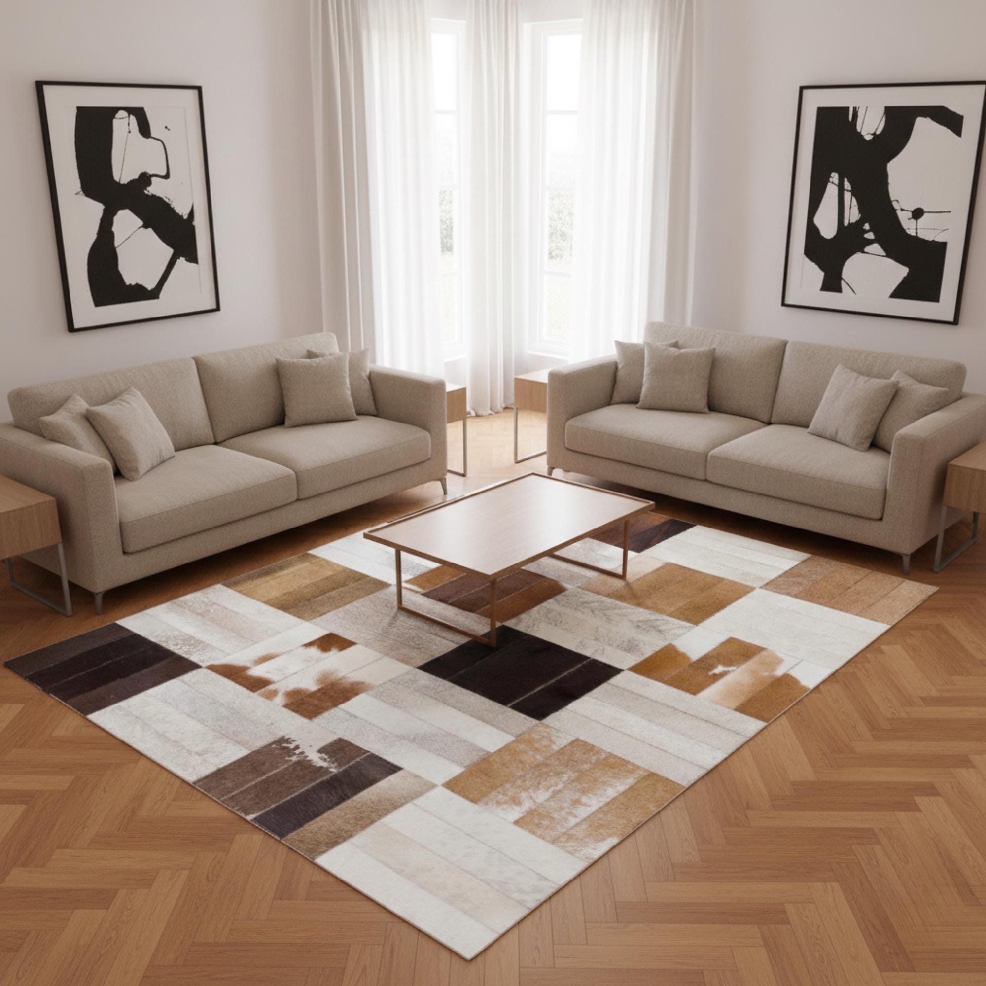 Bej, Krem ve Açık Kahverengi Tonlu Dana Derisi Patchwork Halı