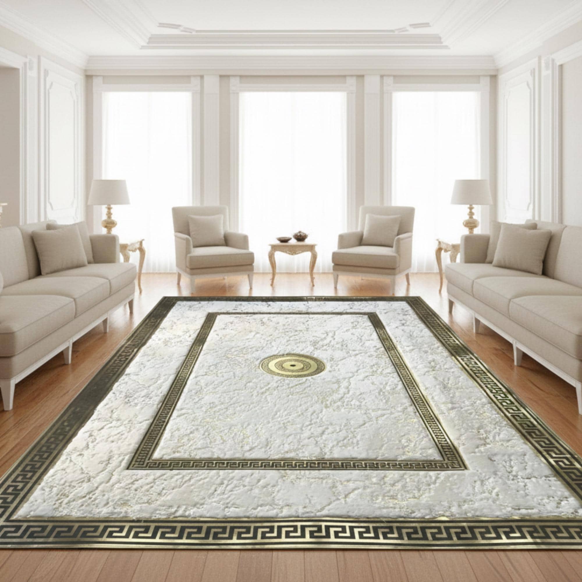 Beyaz Zeminli Merkez Altın Motifli Çerçeveli Peluş Halı