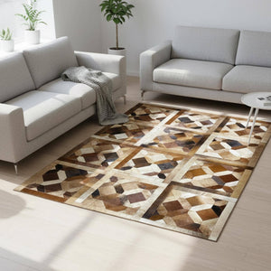 Bej, Kahverengi ve Siyah Tonlu Dana Derisi Patchwork Halı