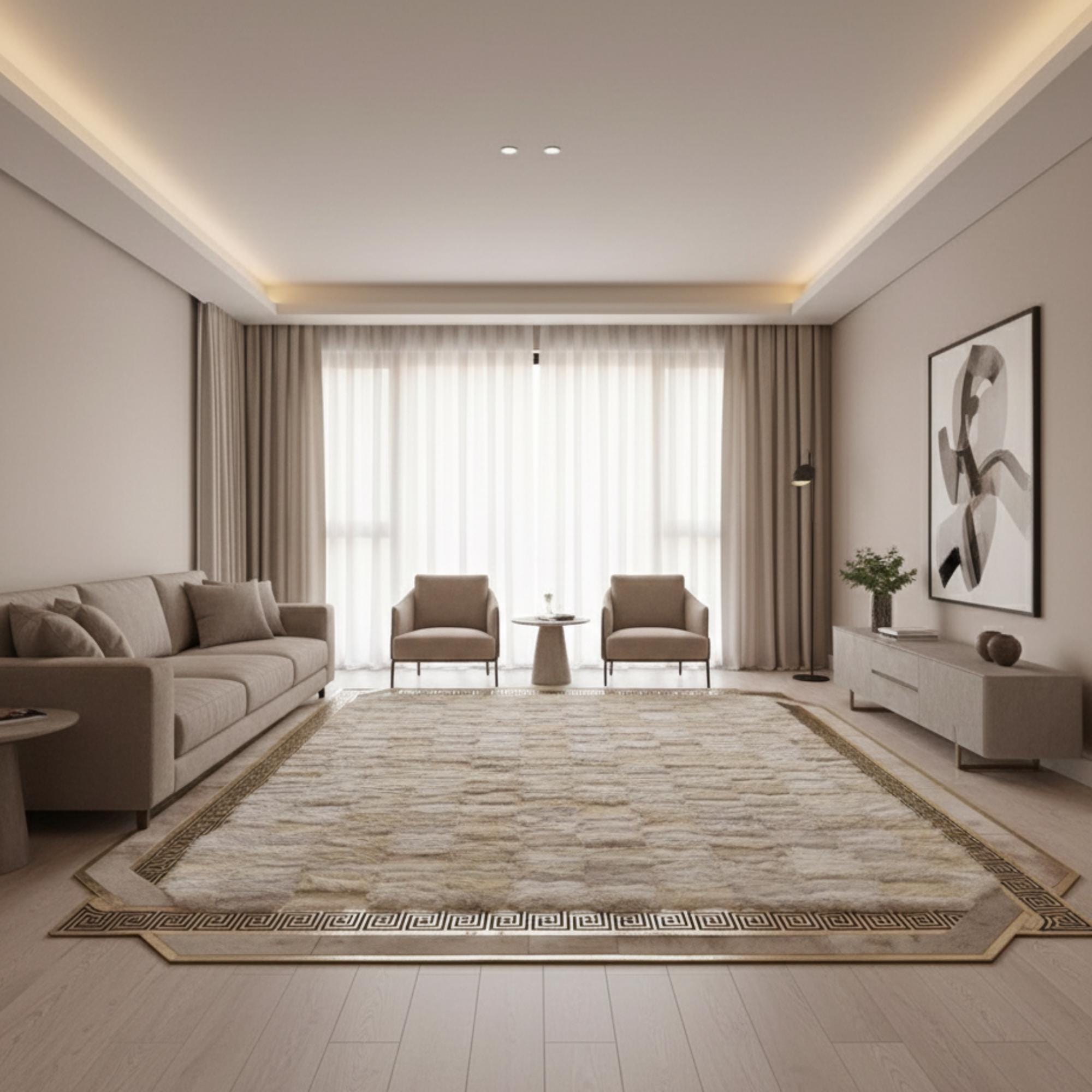 Krem Toscana Kürk Halı, Kaymaz Taban, Özel Ölçü El Yapımı