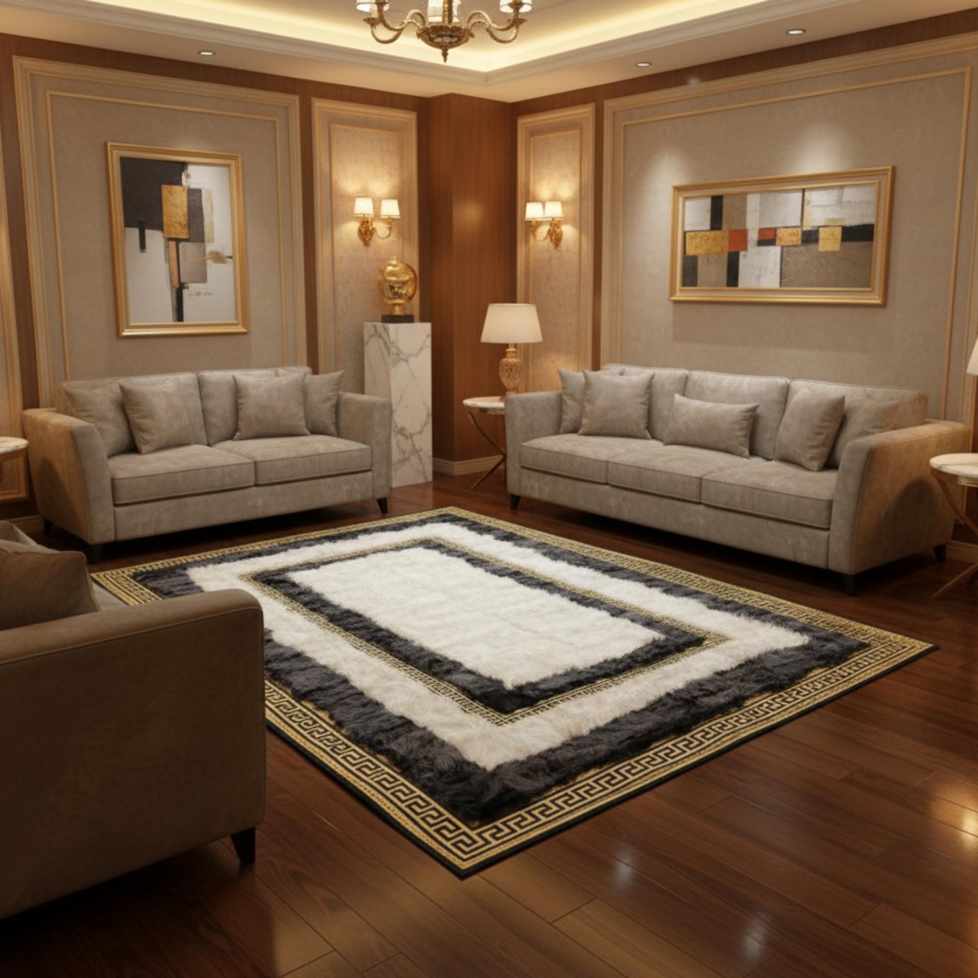 Altın Bordürlü Krem Toscana Kürk Geçiş Halısı – Modern ve Lüks Salon Tasarımı