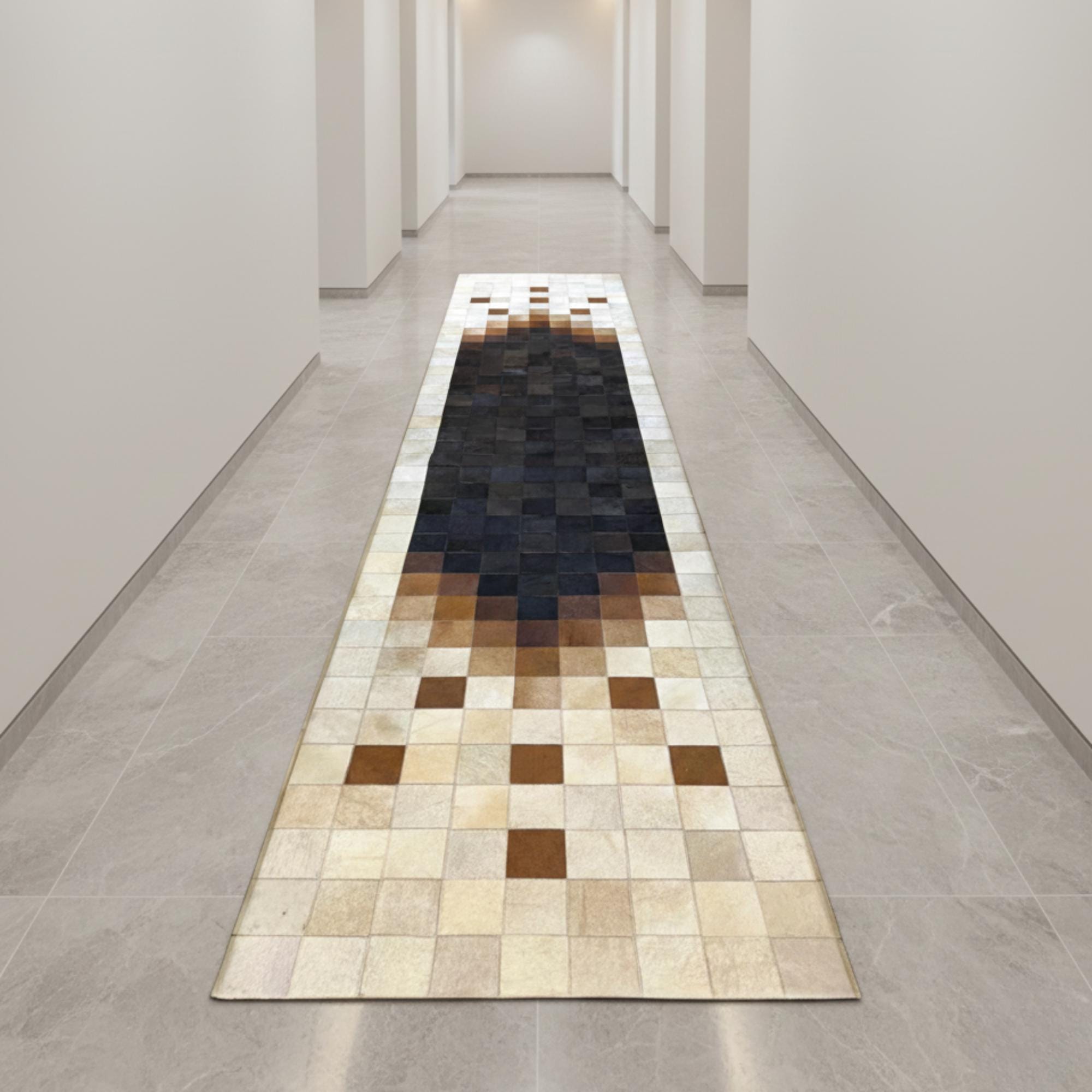 Koyu Merkezli Bej ve Açık Kahverengi Tonlu Dana Derisi Patchwork Runner Halı