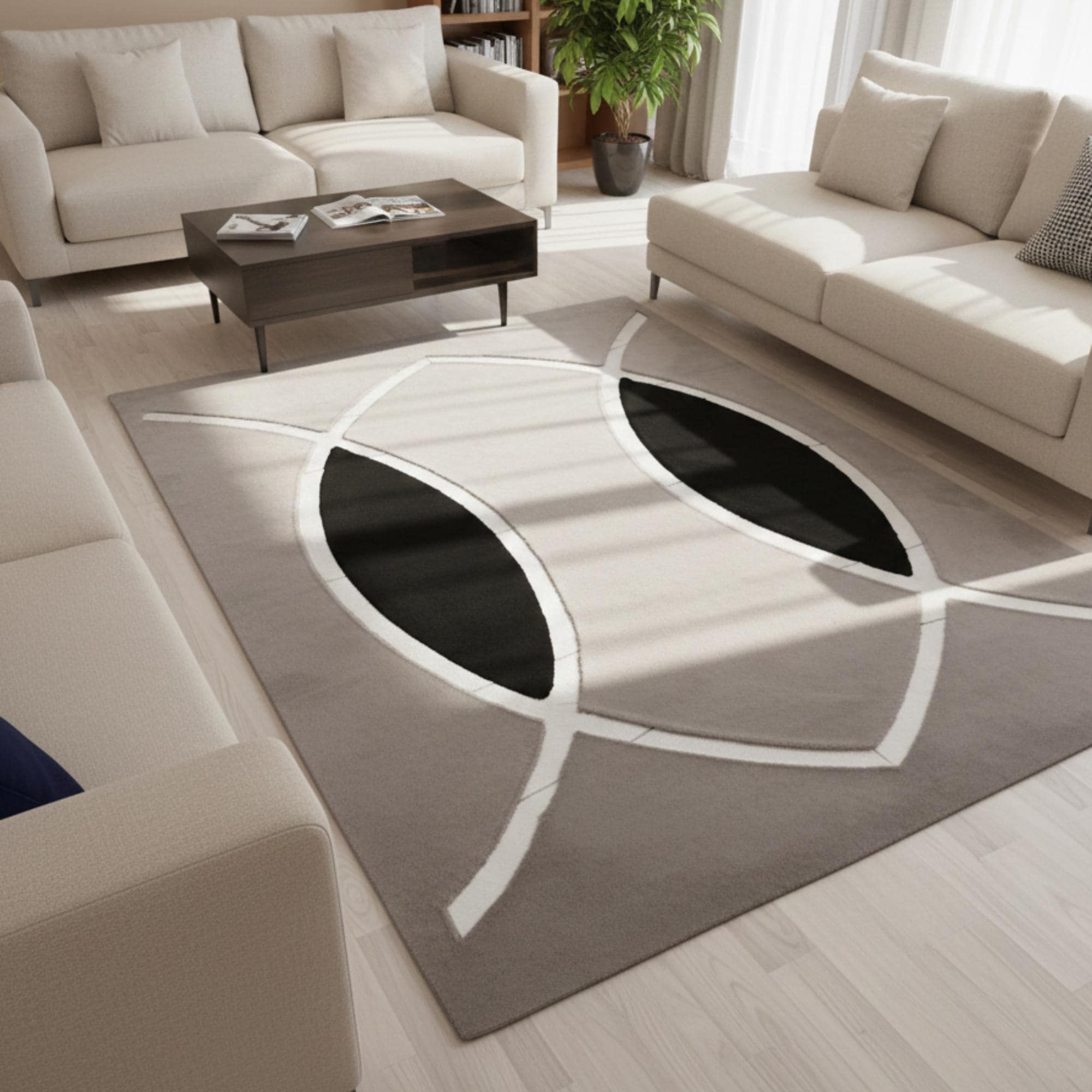 Gri Zeminli Silver Oval Desenli Peluş Halı – Yumuşak Dokulu, Modern ve Dekoratif Halı