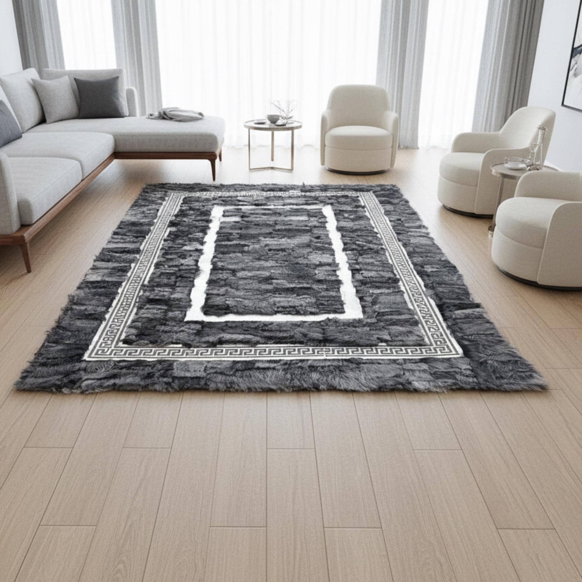 Gri Toscana Kürk Halı Gri Bordorlü– Modern Çizgili ve Şık Salon Tasarımı