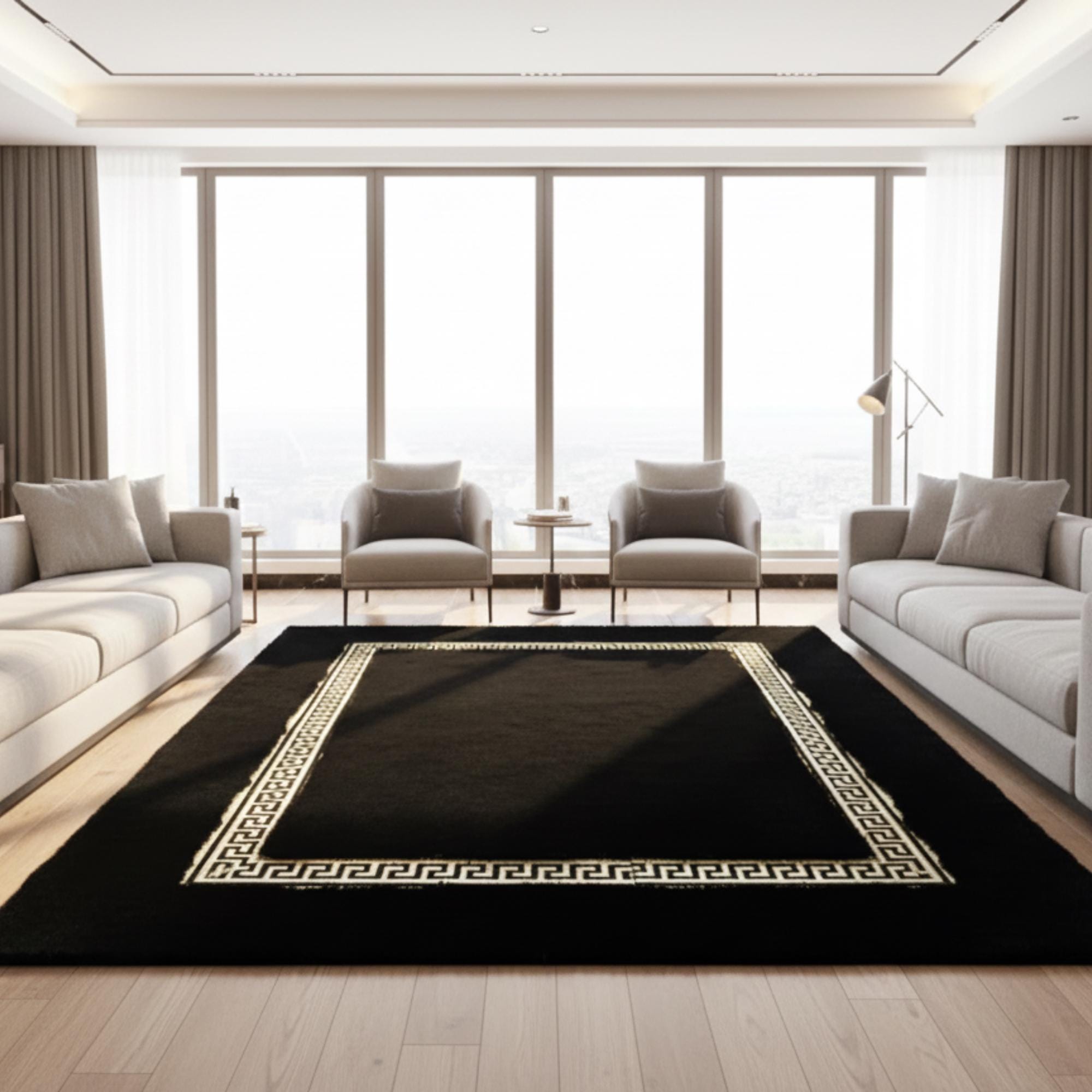 Siyah Zeminli Altın Çerçeveli Peluş Halı – Yumuşak Dokulu, Şık ve Dekoratif Halı