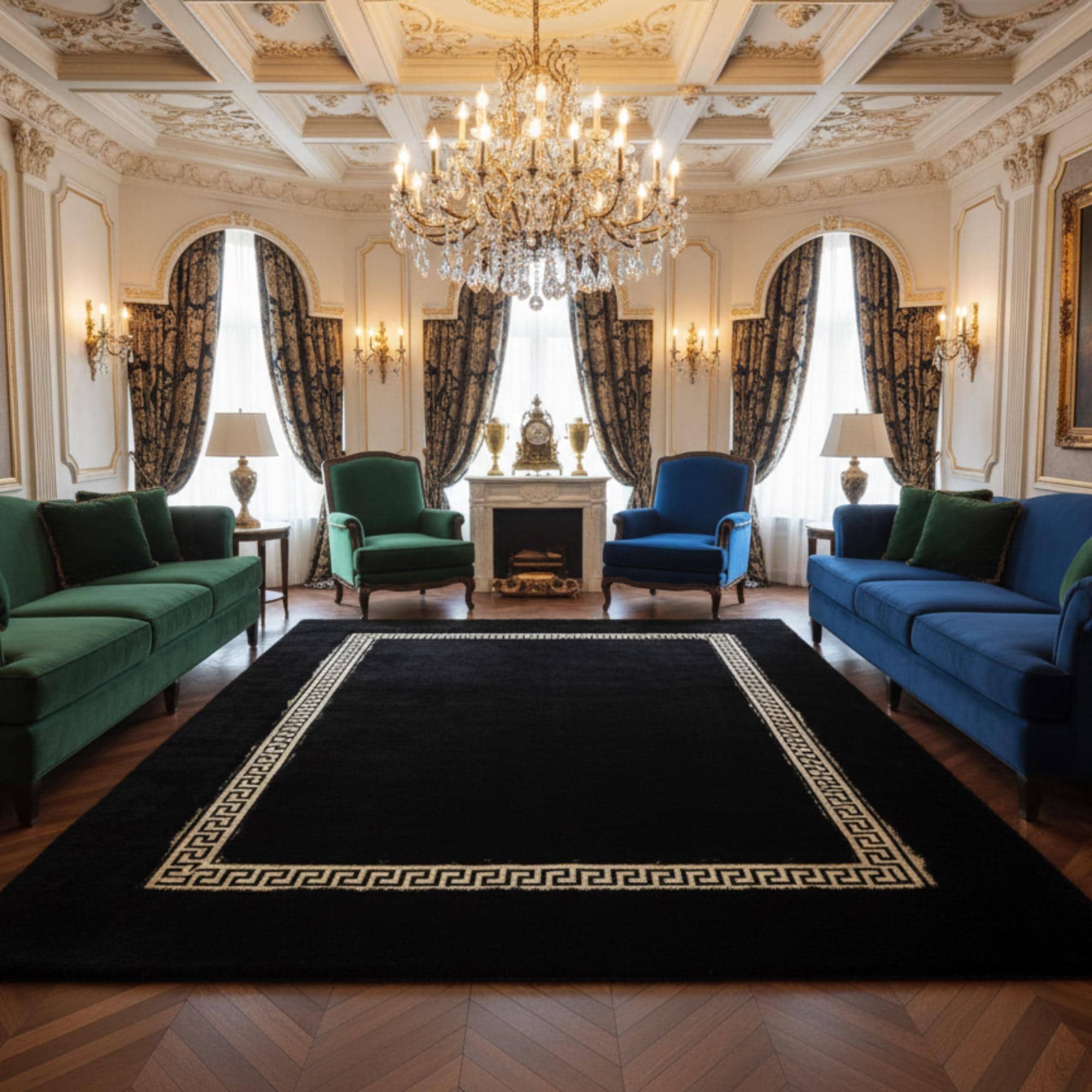 Siyah Zeminli Altın Çerçeveli Peluş Halı – Yumuşak Dokulu, Şık ve Dekoratif Halı