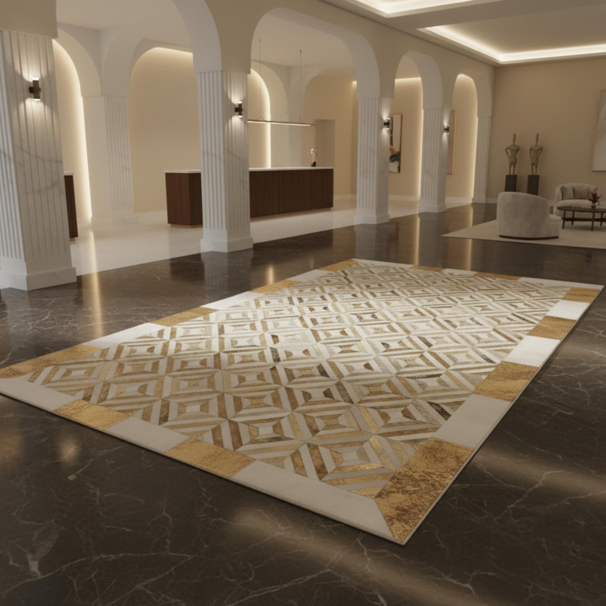 Bej ve Altın Tonlu Geometrik Desenli Dana Derisi Patchwork Halı