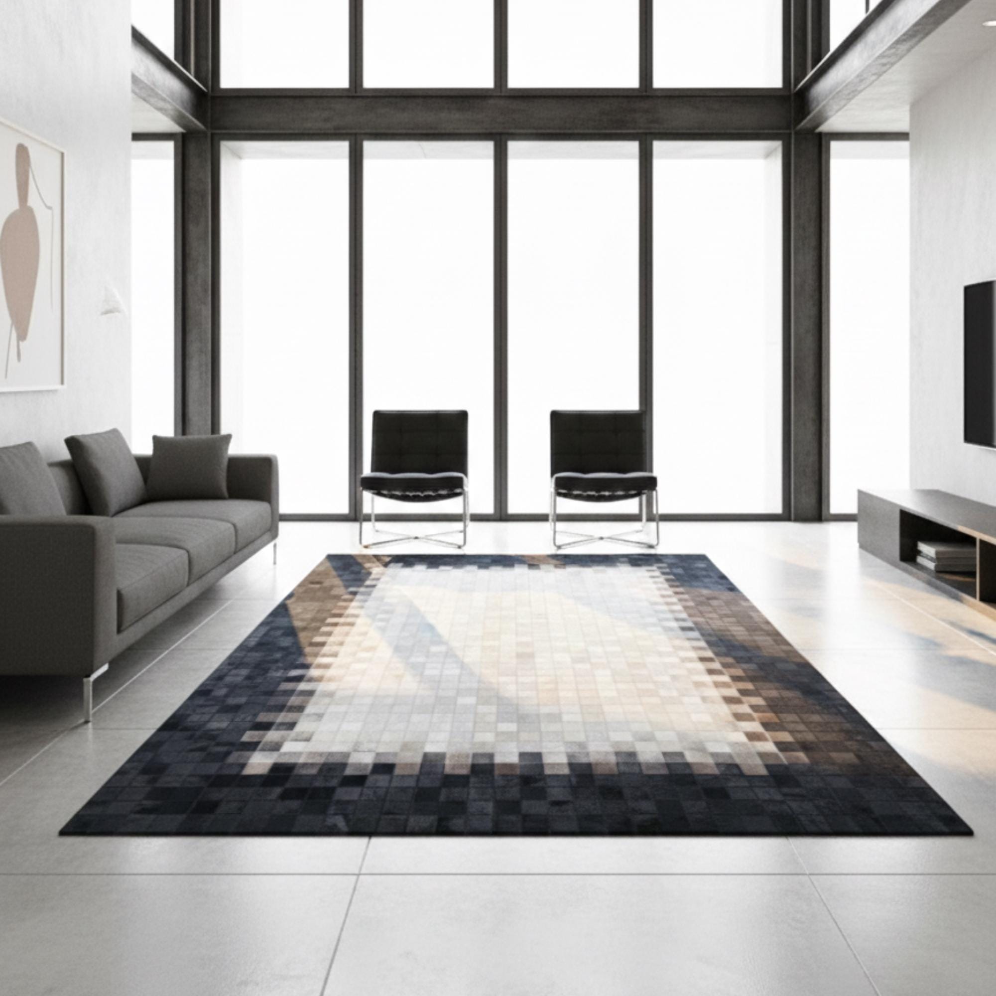 Krem Orta Alanlı Siyah Çerçeveli Dana Derisi Patchwork Halı – El Yapımı Doğal Deri Dekoratif Halı