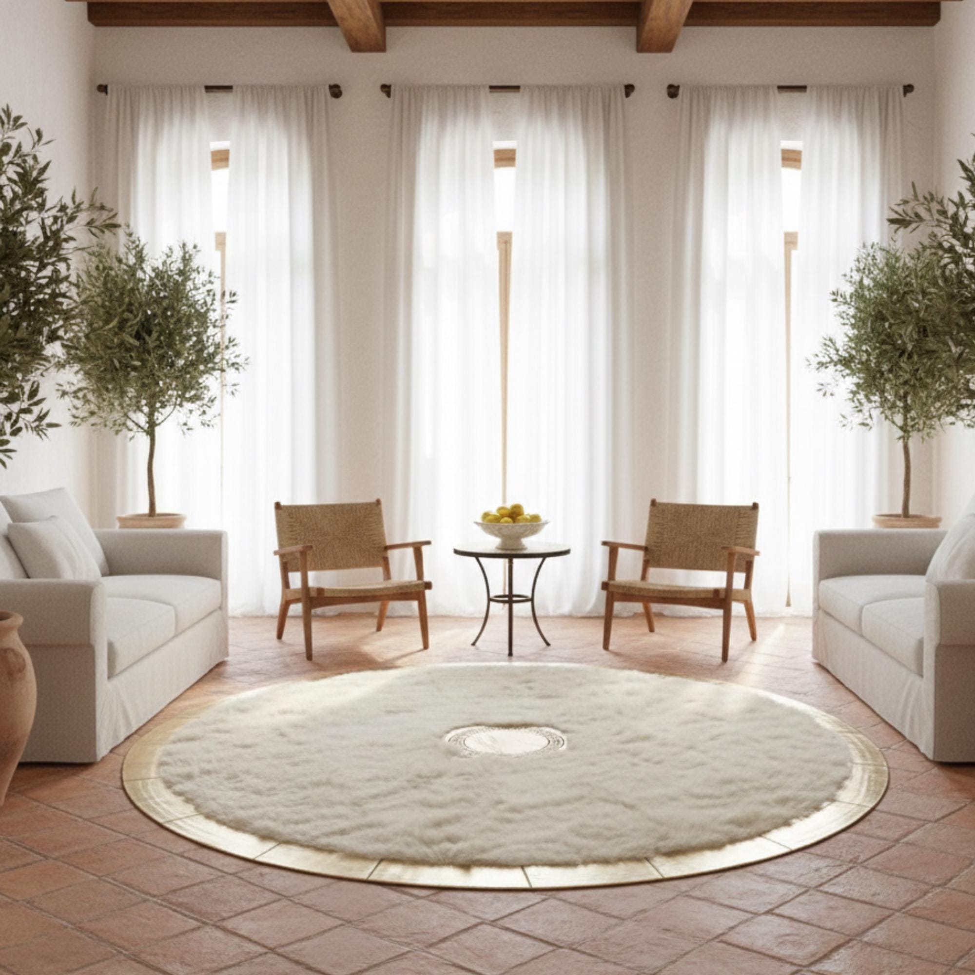 Beyaz Zeminli Merkez Altın Detaylı Altın Çerçeveli Yuvarlak Toskana Halı