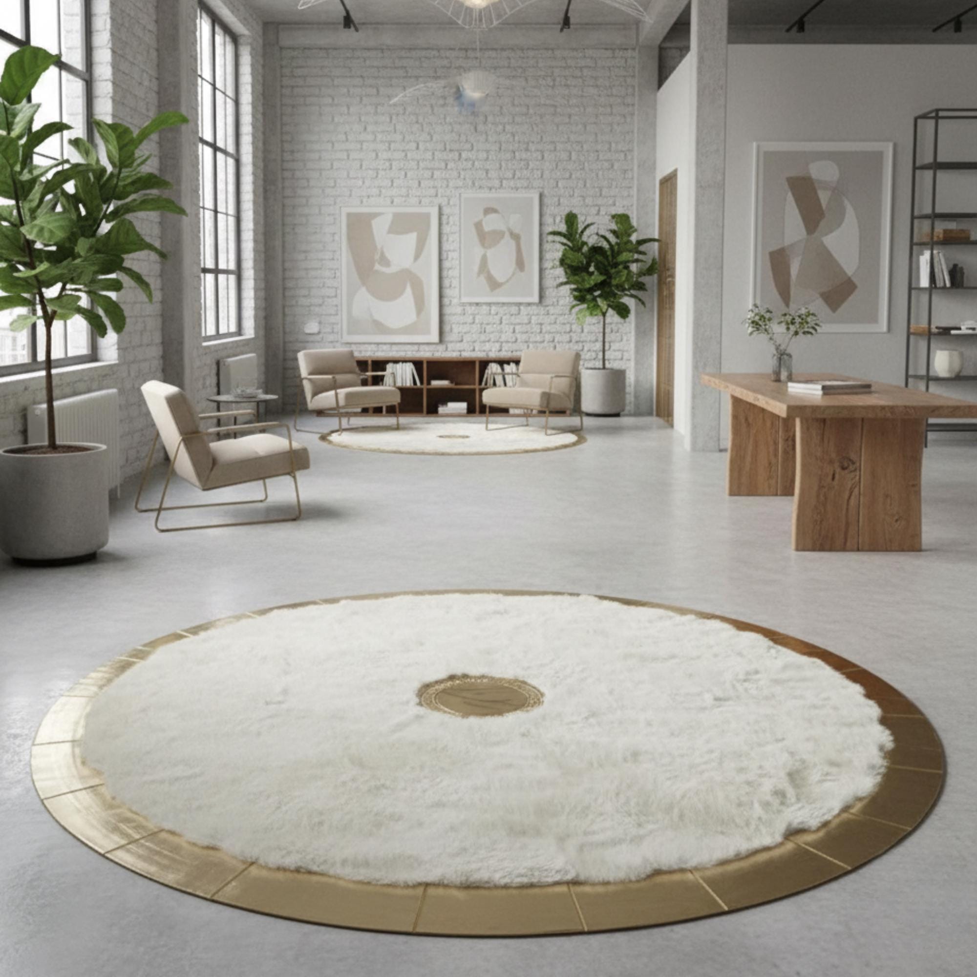 Beyaz Zeminli Merkez Altın Detaylı Altın Çerçeveli Yuvarlak Toskana Halı