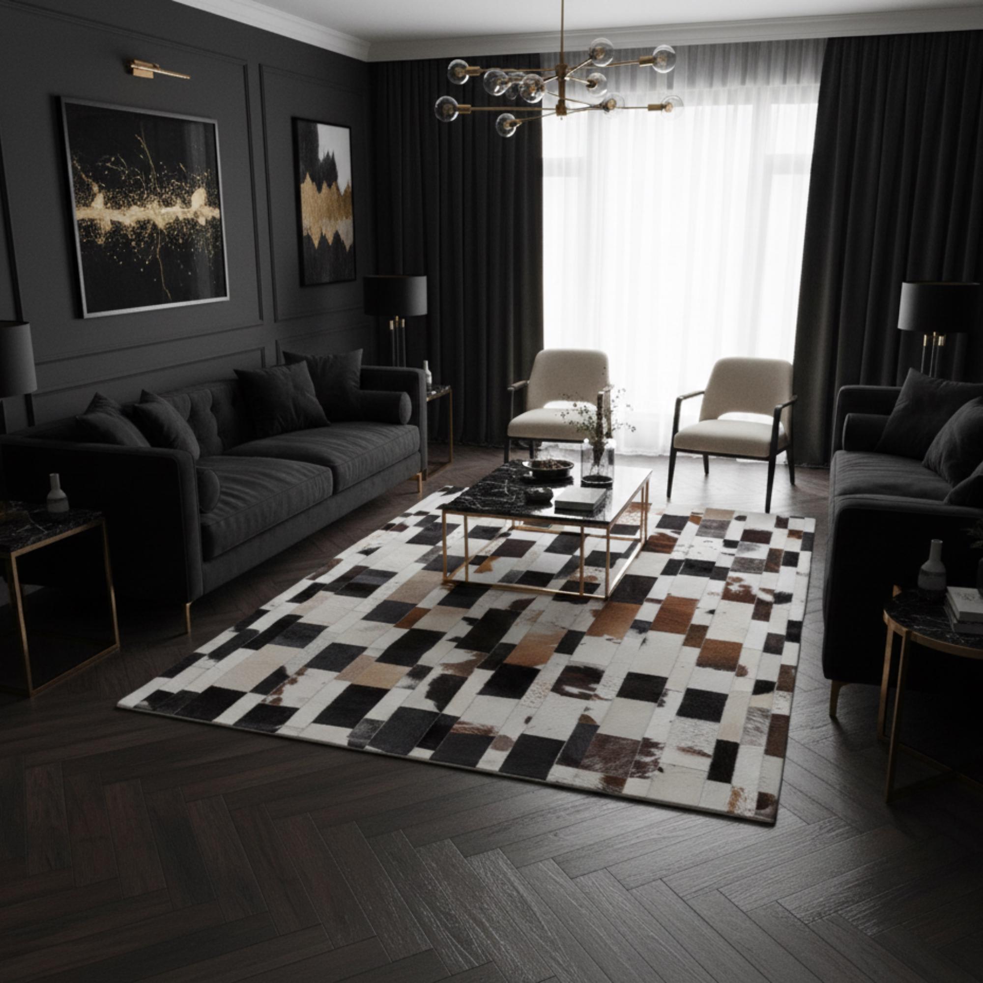 Siyah Beyaz Desenli Dana Derisi Patchwork Halı