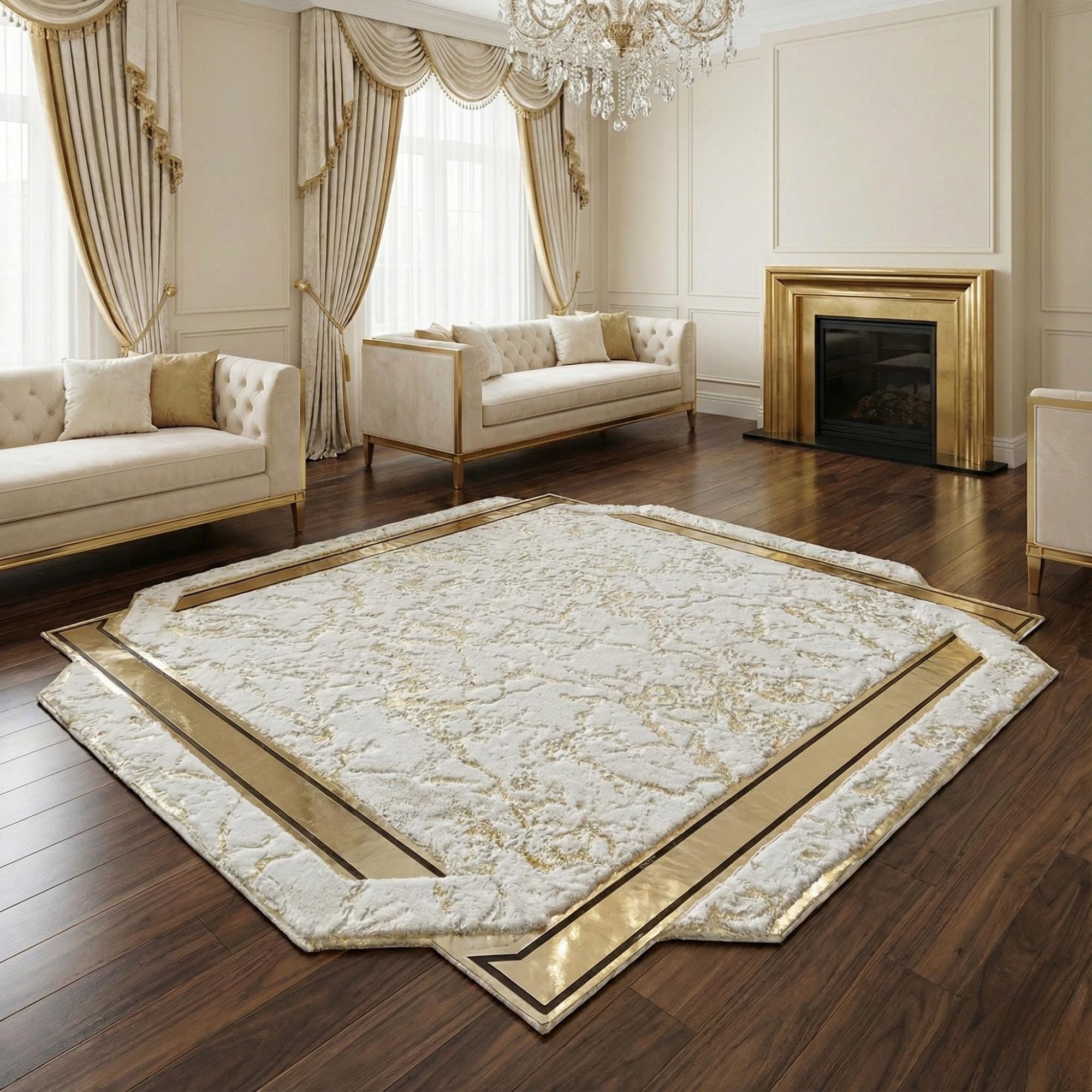 Beyaz Zeminli Altın Motifli Peluş Geometrik Kesim Halı – Yumuşak Dokulu, Şık ve Dekoratif Halı
