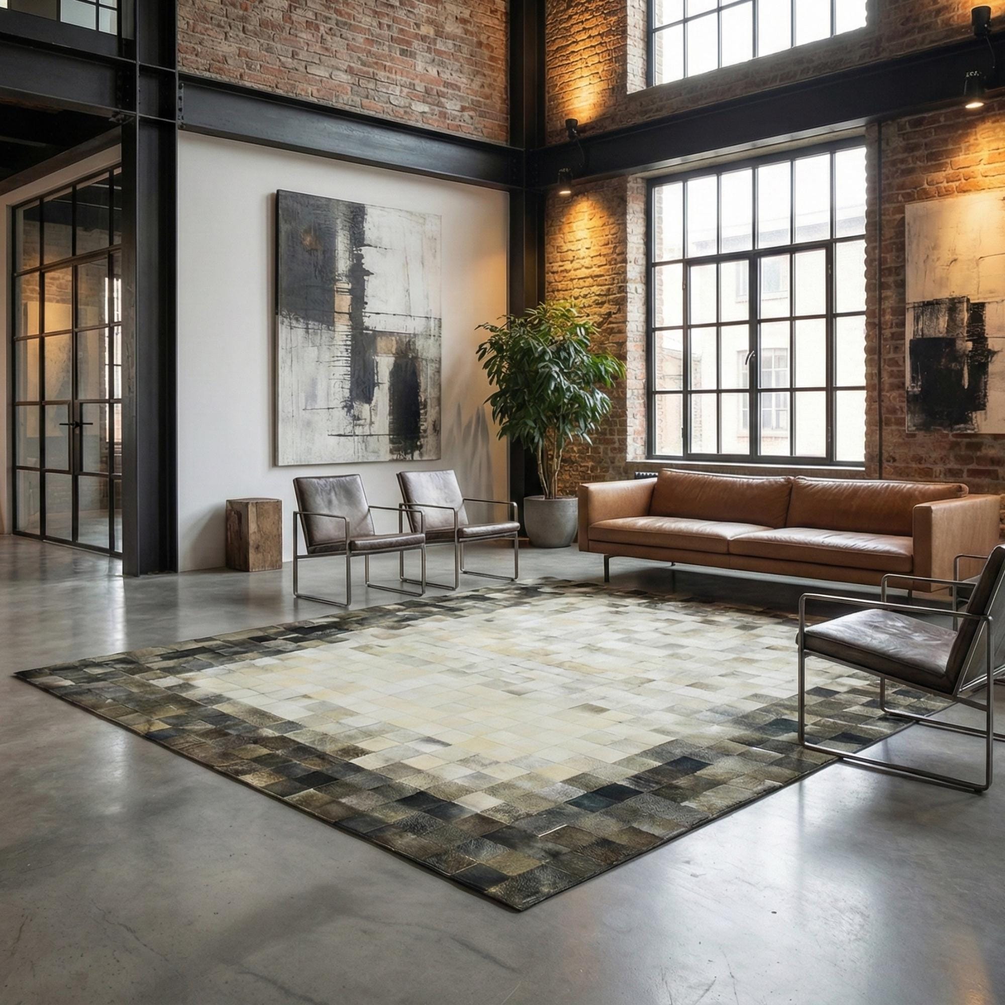 Açık Bej Merkezli Koyu Çerçeveli Dana Derisi Patchwork Halı