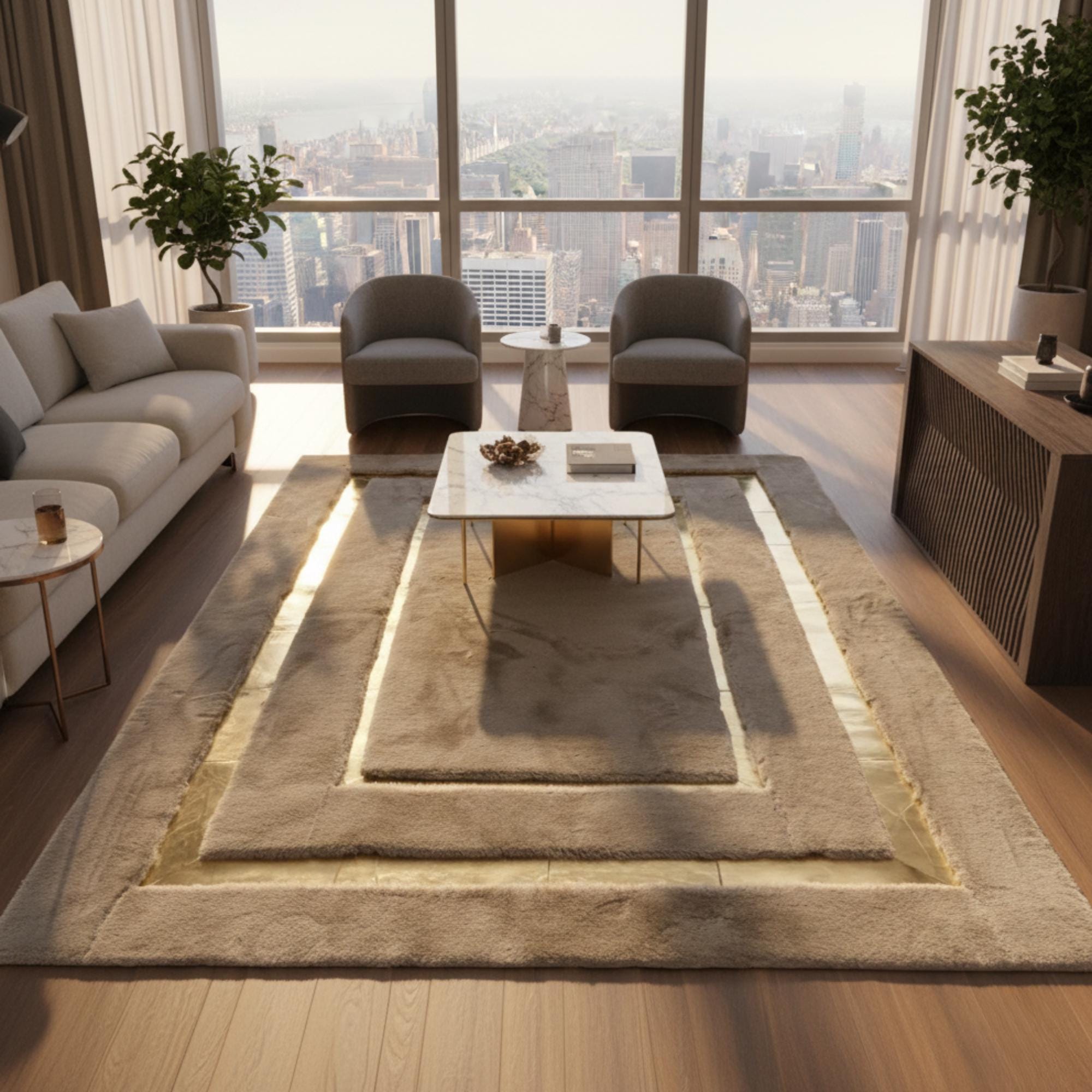 Açık Gri Zeminli Altın Kalın Bordür Detaylı Peluş Halı – Yumuşak Dokulu