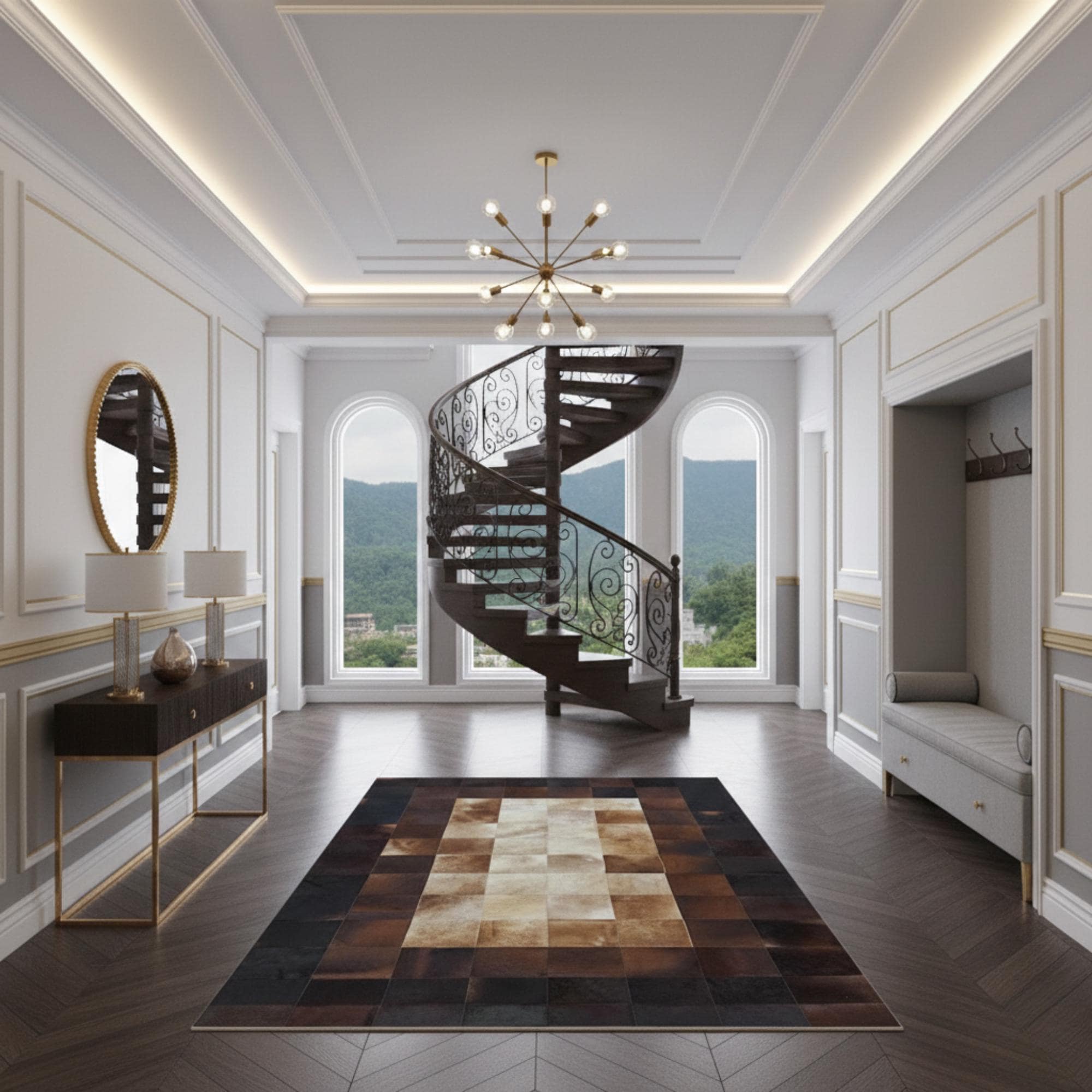 Koyu Tonlarda Dikdörtgen Dana Derisi Patchwork Halı – El Yapımı, Doğal Deri ve Dekoratif Halı