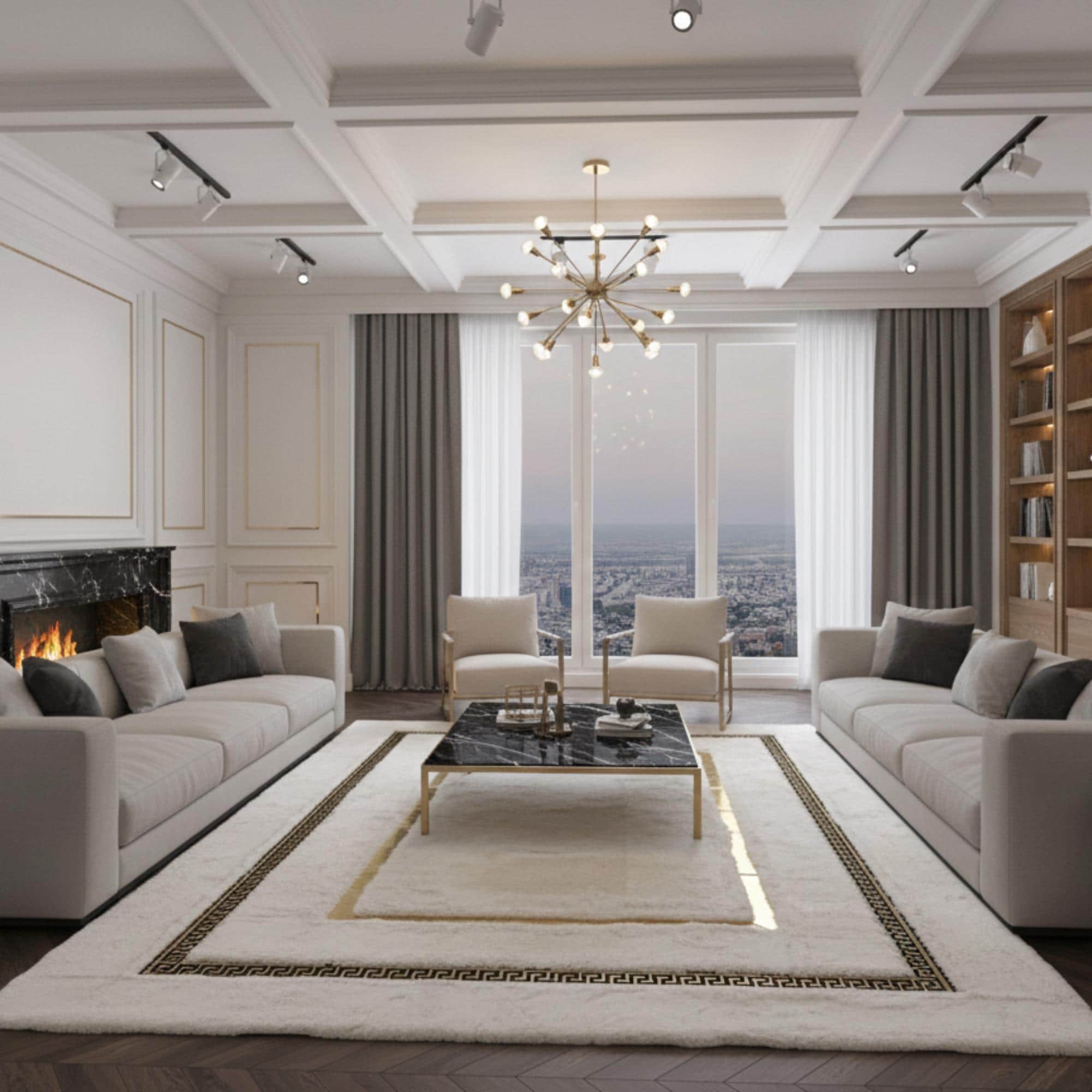 Beyaz Zeminli Merkez Altın Desenli Peluş Halı – Yumuşak Dokulu,