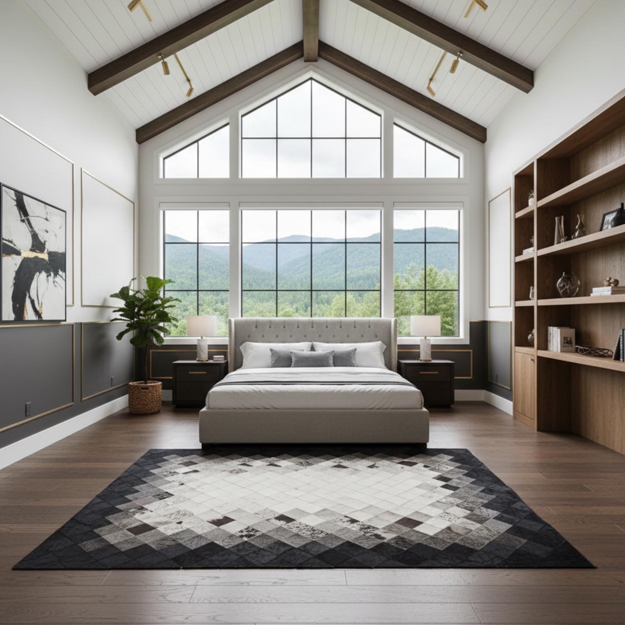 Açık Ton Zeminli Siyah Çerçeve Desenli Dana Derisi Patchwork Halı