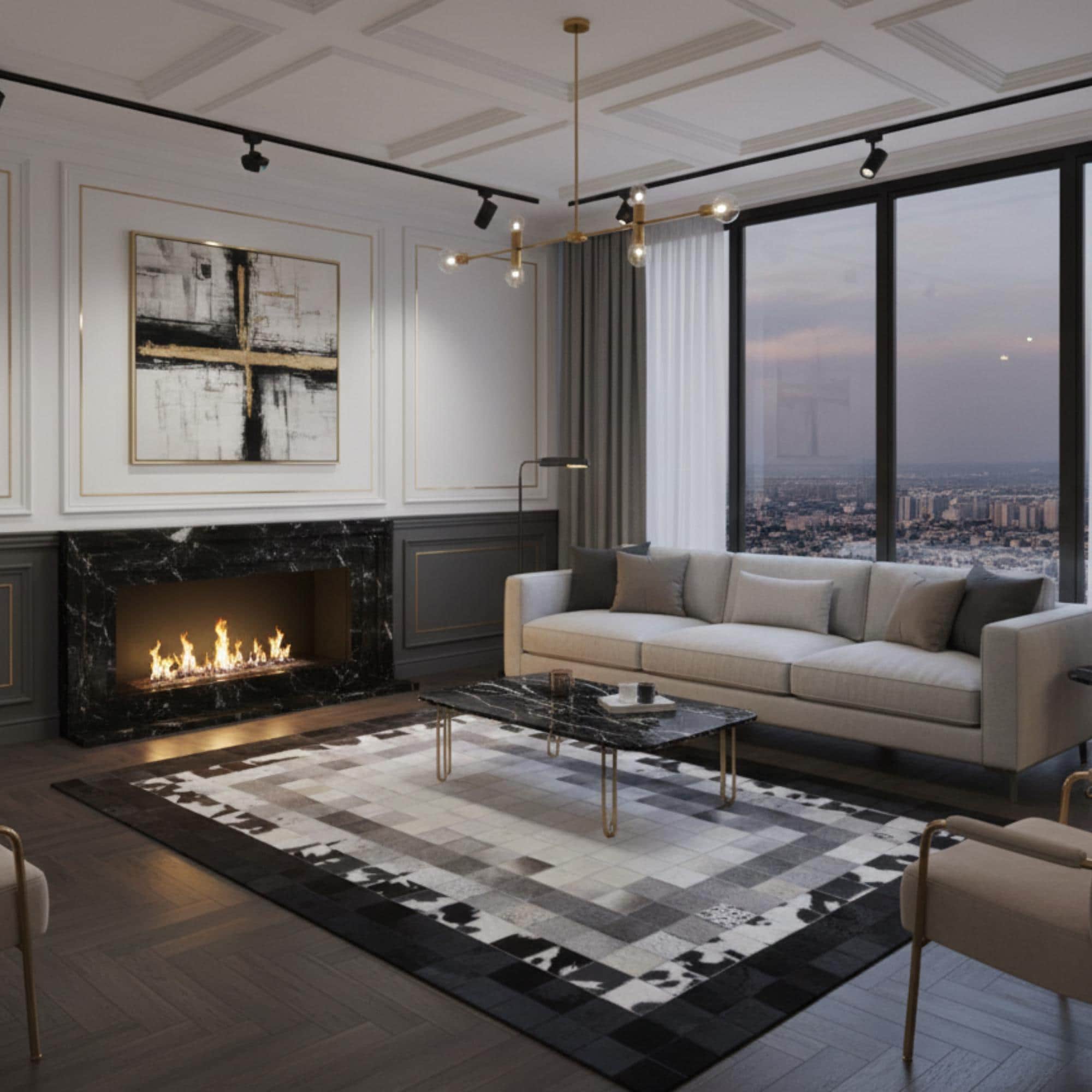 Açık Bej Zeminli Siyah Çerçeve Doğal Desenli Dana Derisi Patchwork Halı