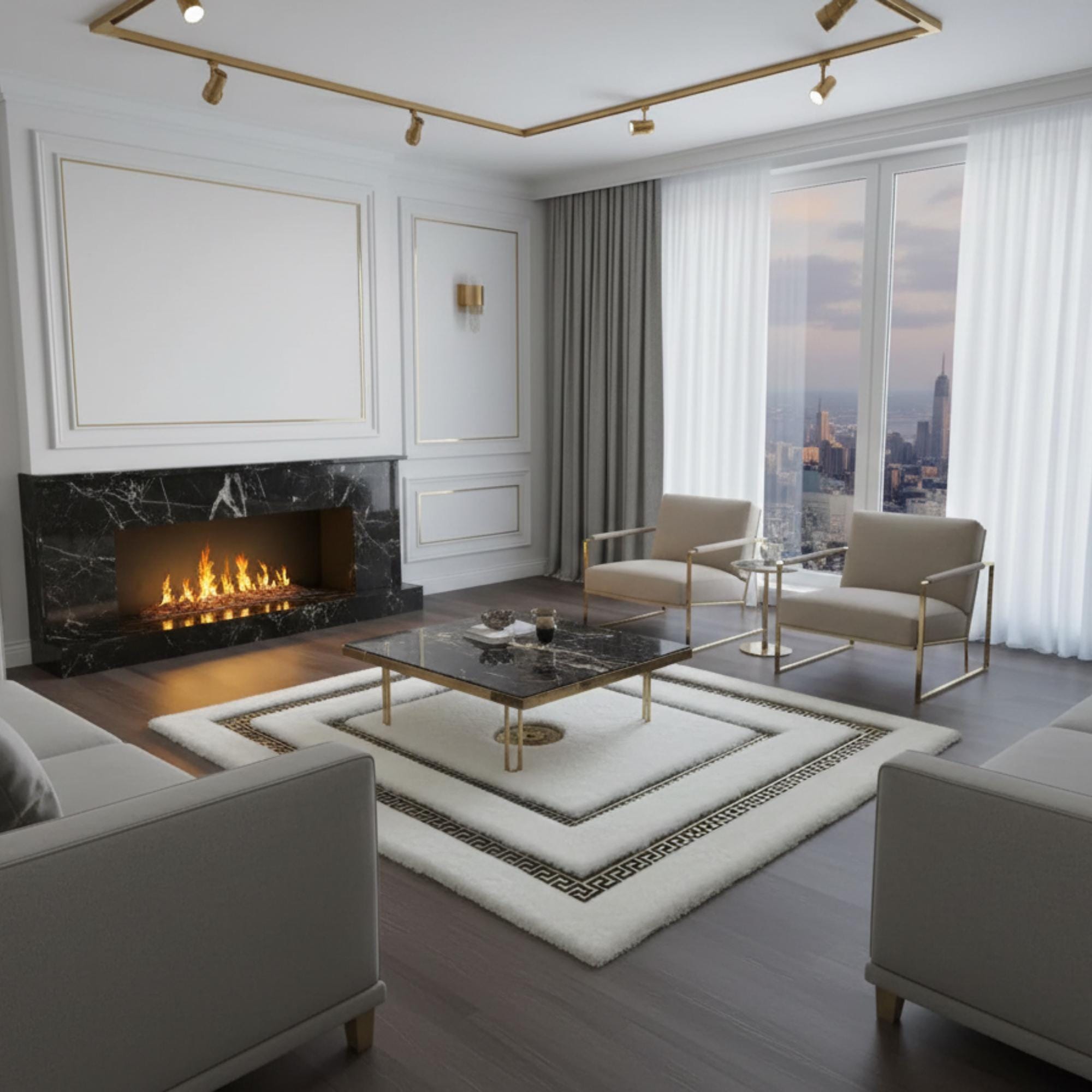 Beyaz Zeminli Altın Çerçeveli Peluş Halı – Yumuşak Dokulu, Şık