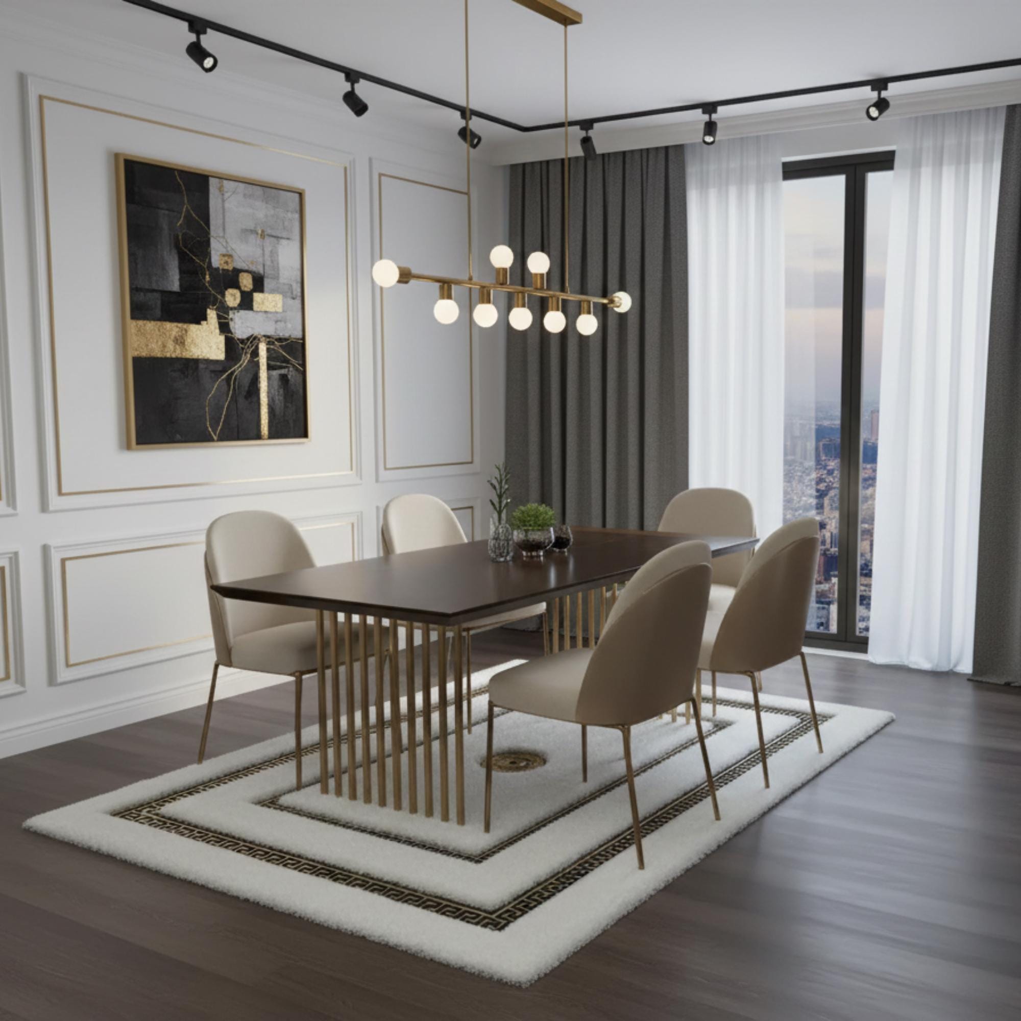 Beyaz Zeminli Altın Çerçeveli Peluş Halı – Yumuşak Dokulu, Şık