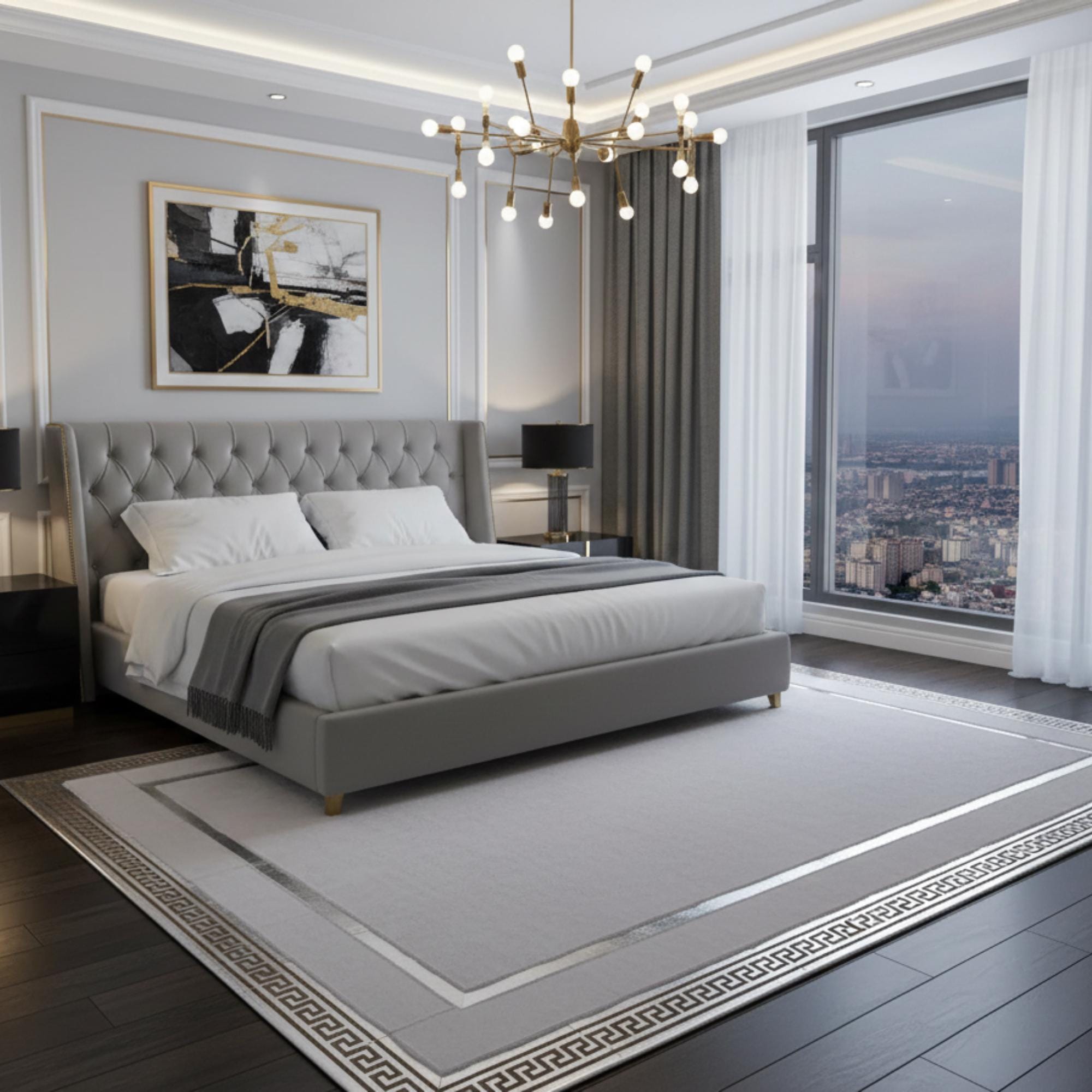 Beyaz Zeminli Silver Gümüş İç ve Dış Bordür Detaylı Peluş Halı