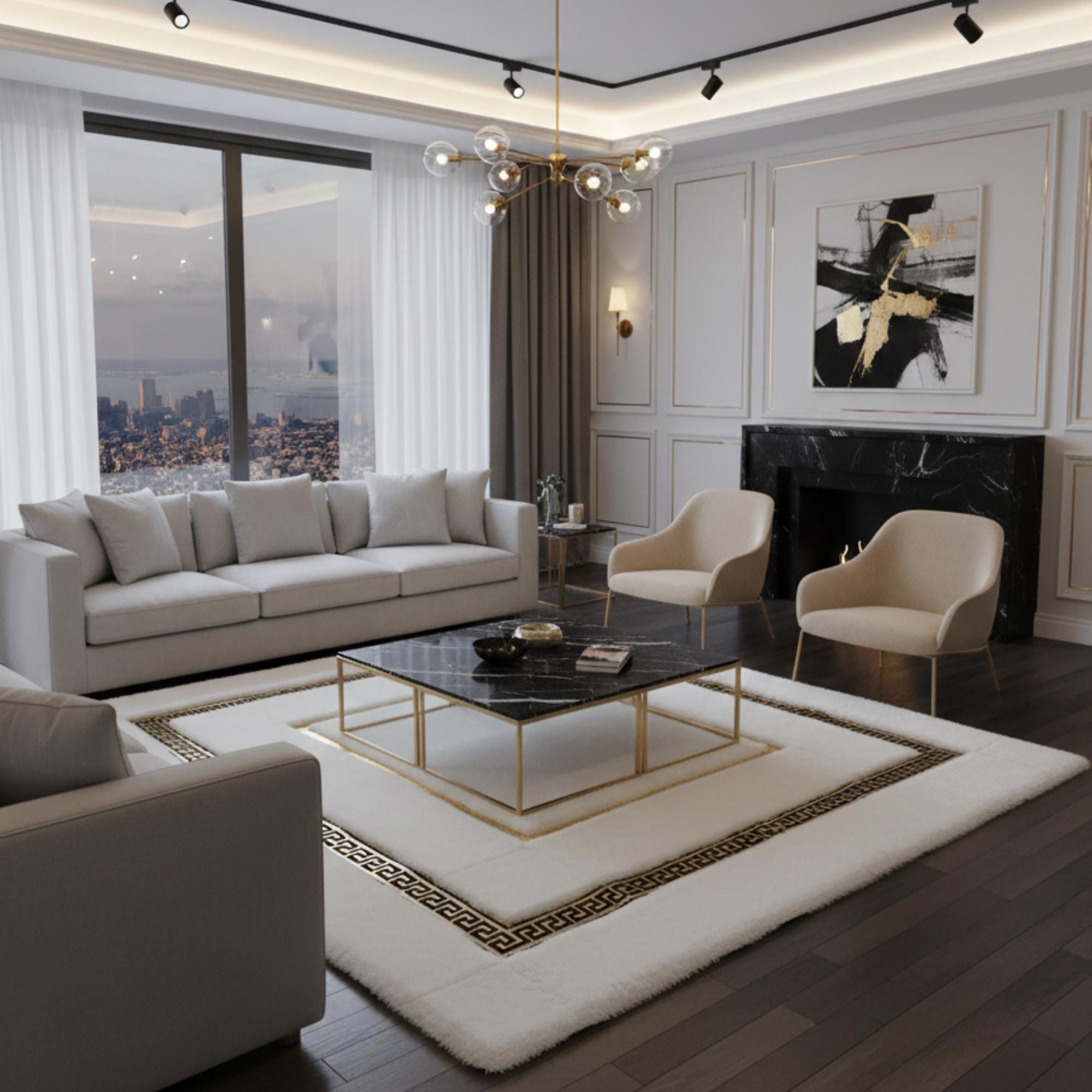 Beyaz Zeminli Altın Çerçeveli Peluş Halı – Yumuşak Dokulu,