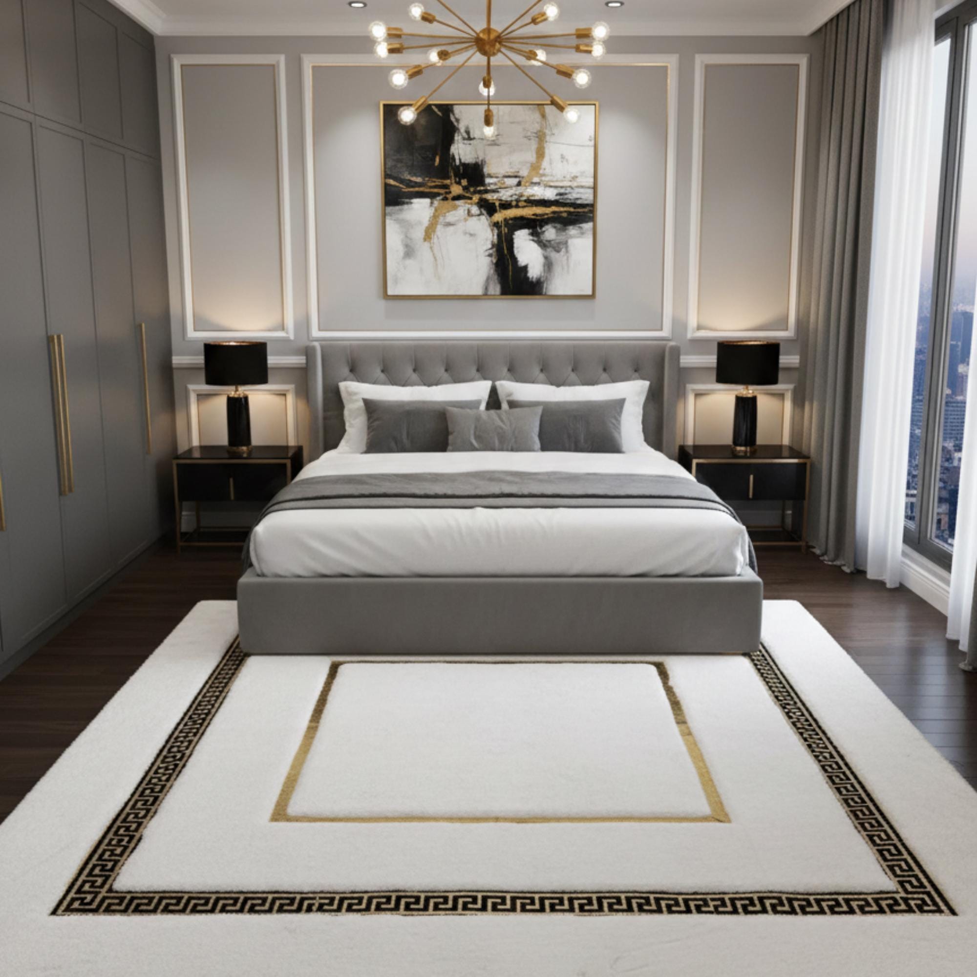 Beyaz Zeminli Altın Çerçeveli Peluş Halı – Yumuşak Dokulu,