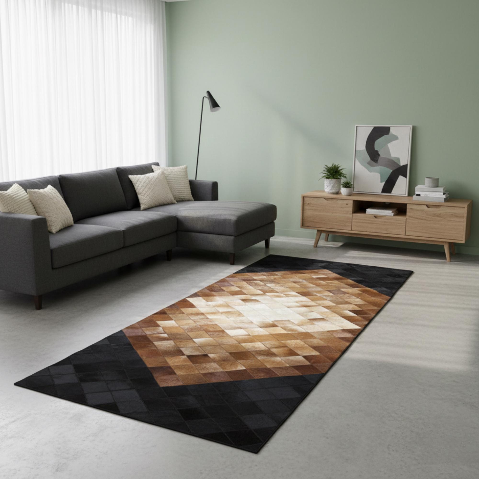 Açık Kahverengi Merkezli Siyah Köşeli Dana Derisi Patchwork