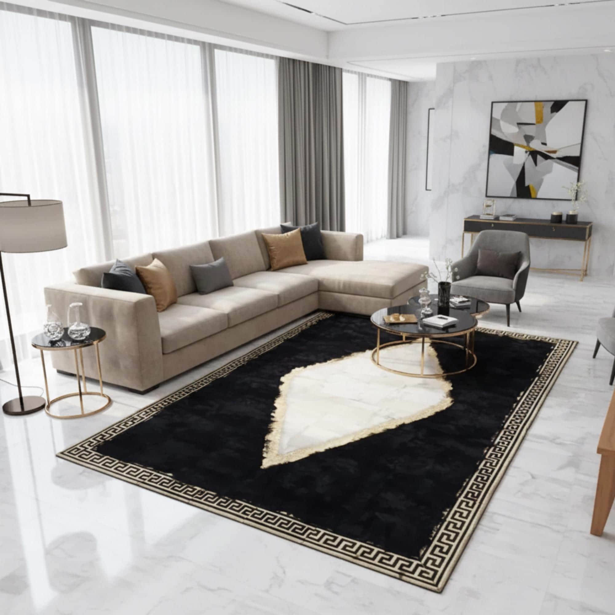 Siyah Zeminli Toscana Kürk Halı – Kaymaz Tabanlı Premium Tasarım