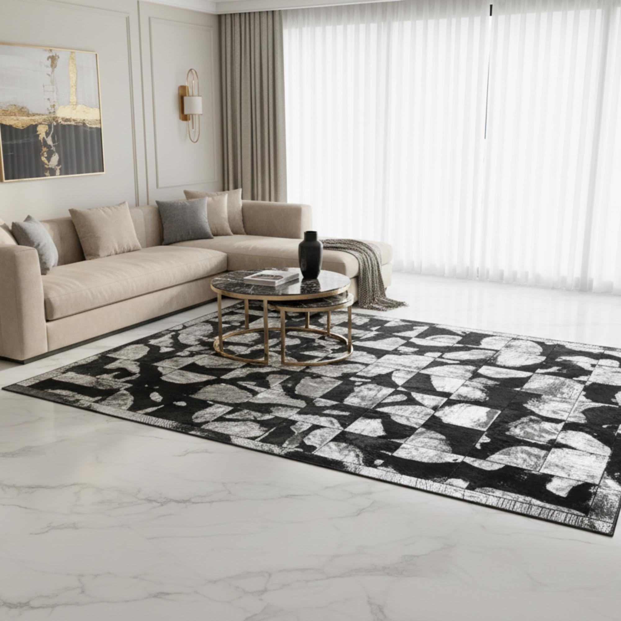 Gri Gümüş Silver Zeminli Siyah Doğal Desenli Dana Derisi Patchwork Halı