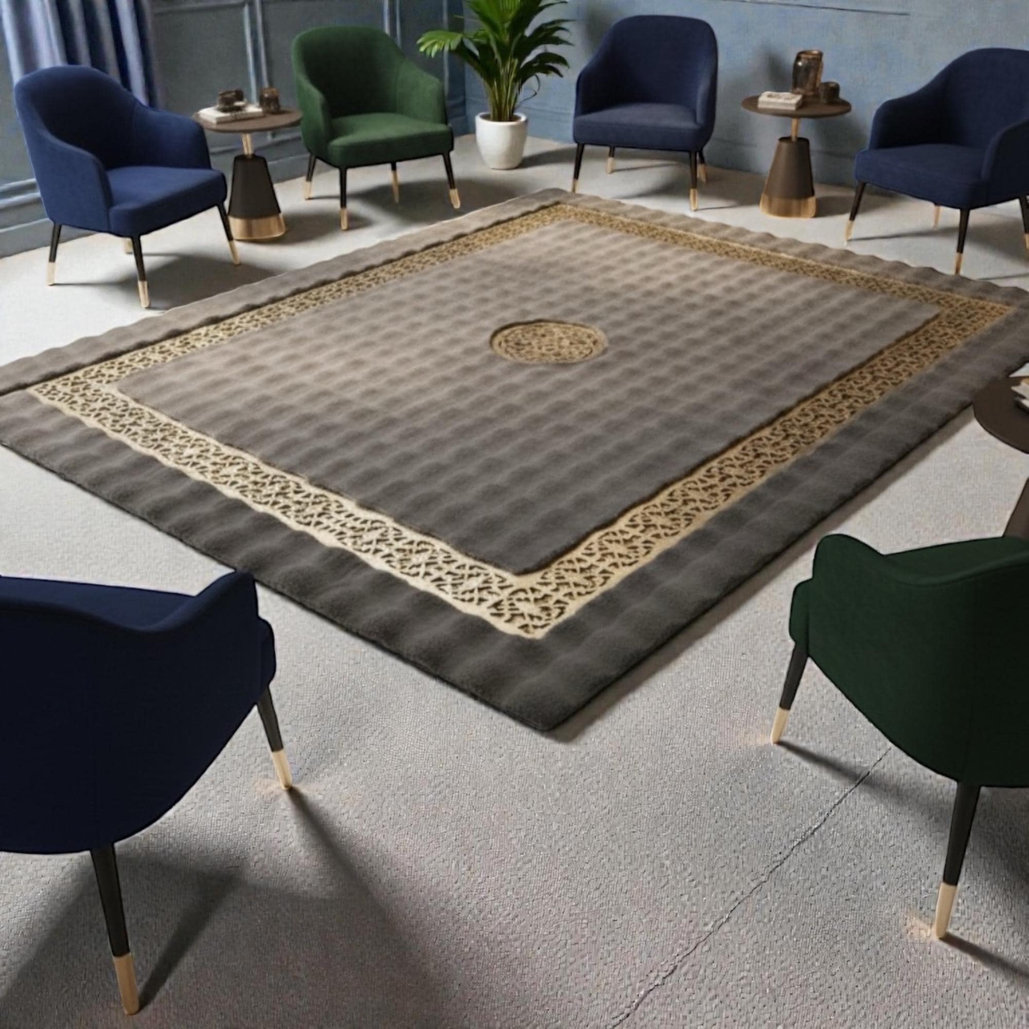 Açık Gri Zeminli Altın Merkez Desenli ve Geniş Altın Çerçeveli Peluş Halı