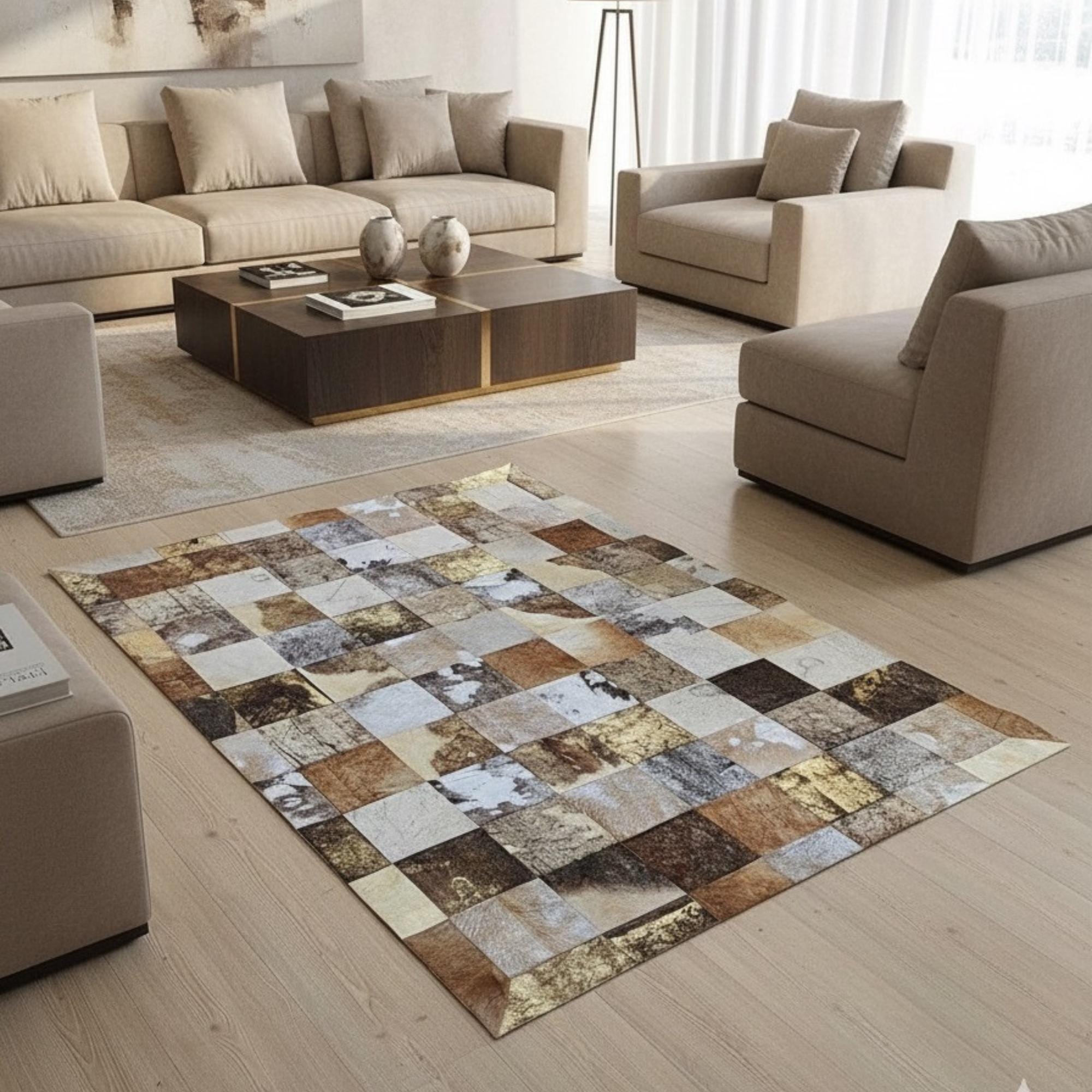 Bej ve Açık Kahverengi Tonlu Çok Renkli Dana Derisi Patchwork Halı