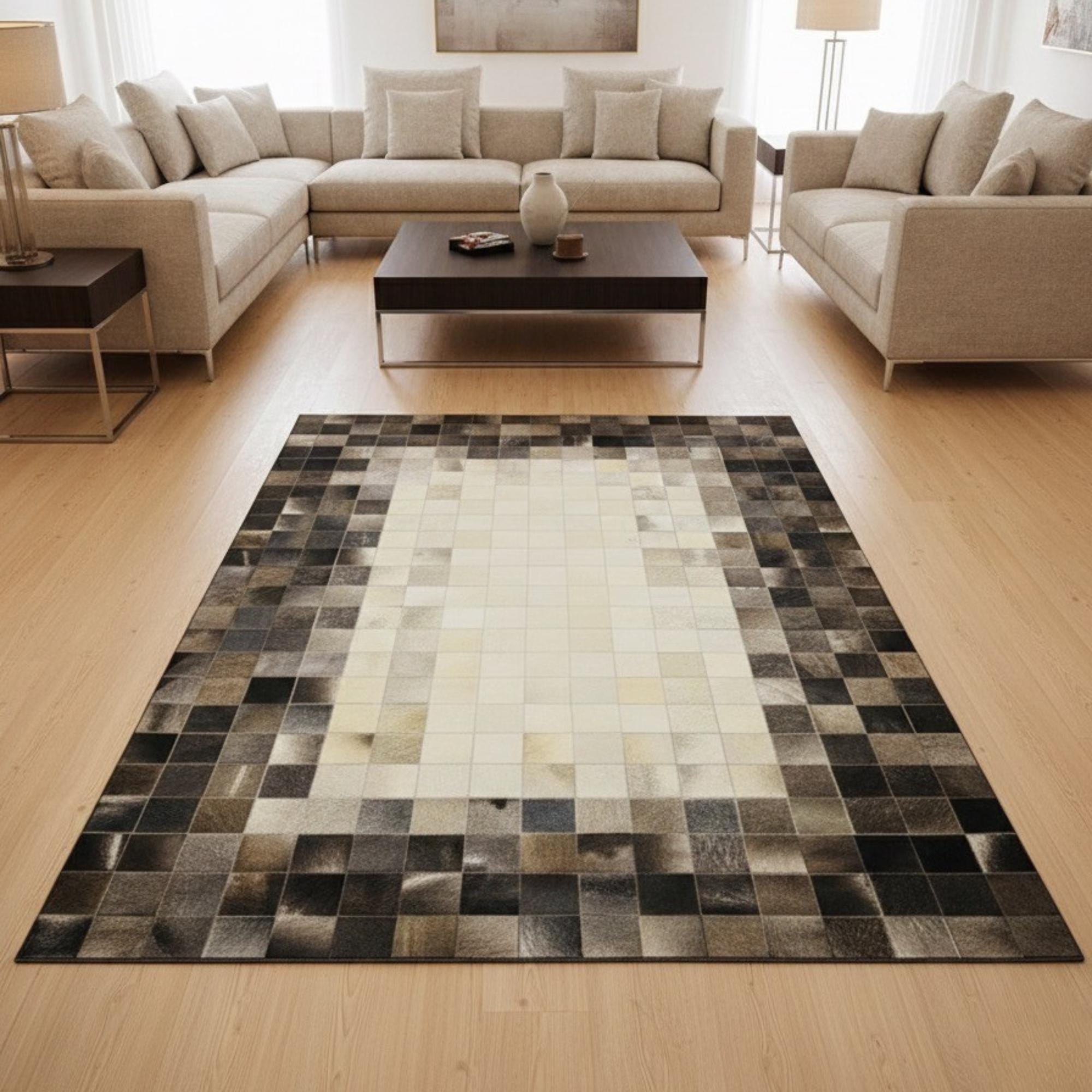 Bej ve Açık Kahverengi Tonlu Dana Derisi Patchwork Halı