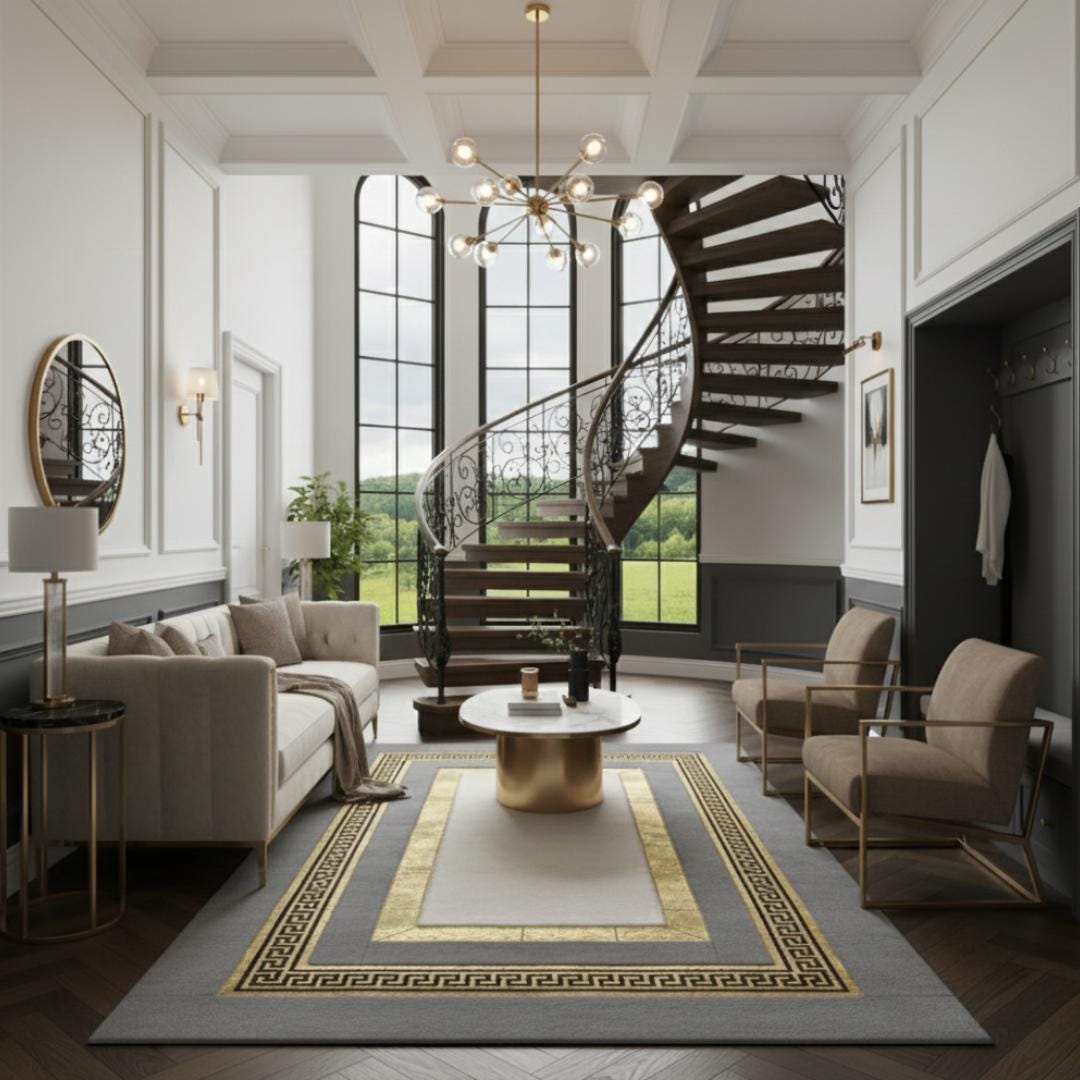 Gri Zeminli Merkezi Beyaz, Altın Geniş Bordürlü Peluş Halı – Yumuşak Dokulu