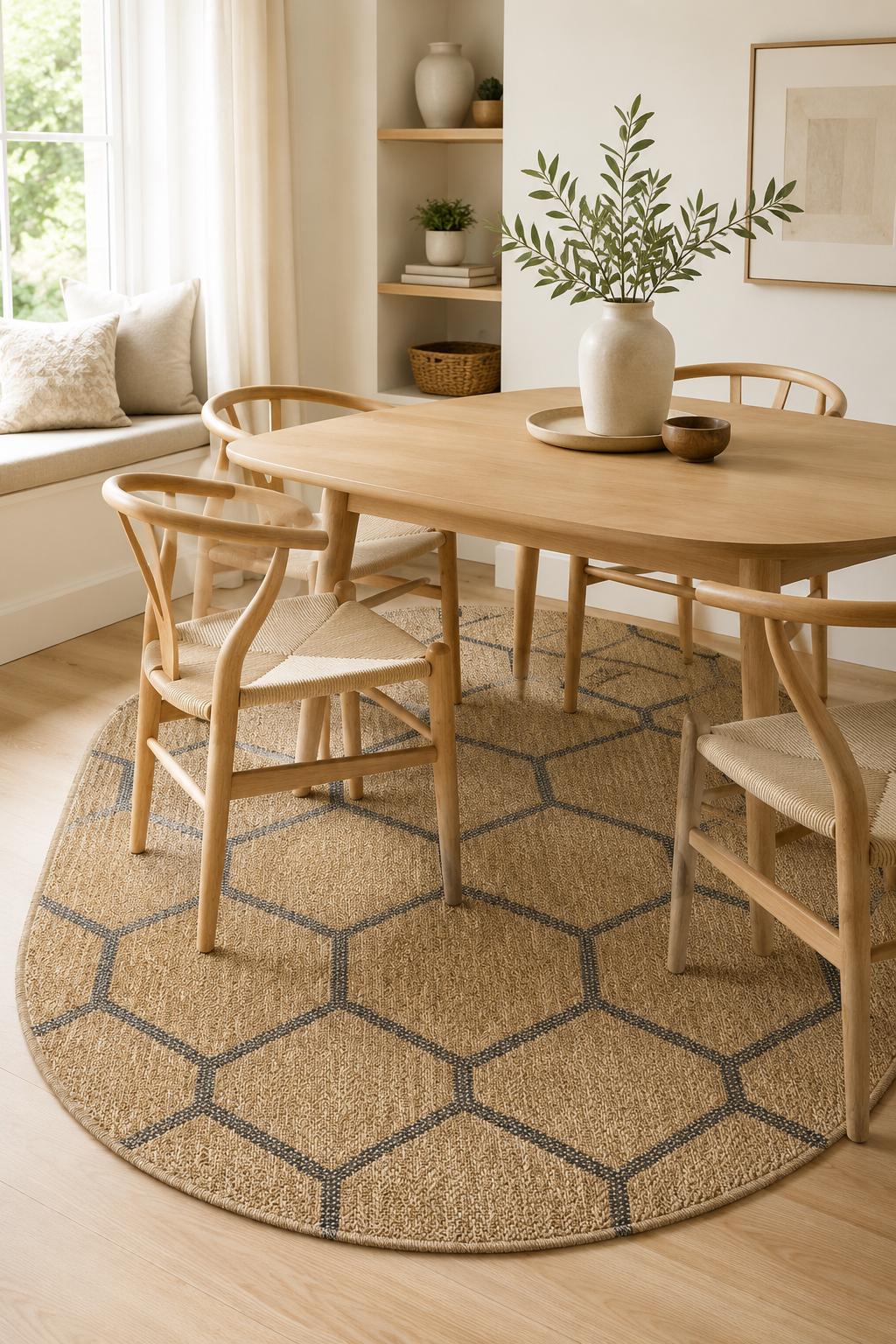 Oval Honeycomb Geometric Rug, Beige Black Woven Living Room Carpet, Boho Scandinavian Entryway Rug