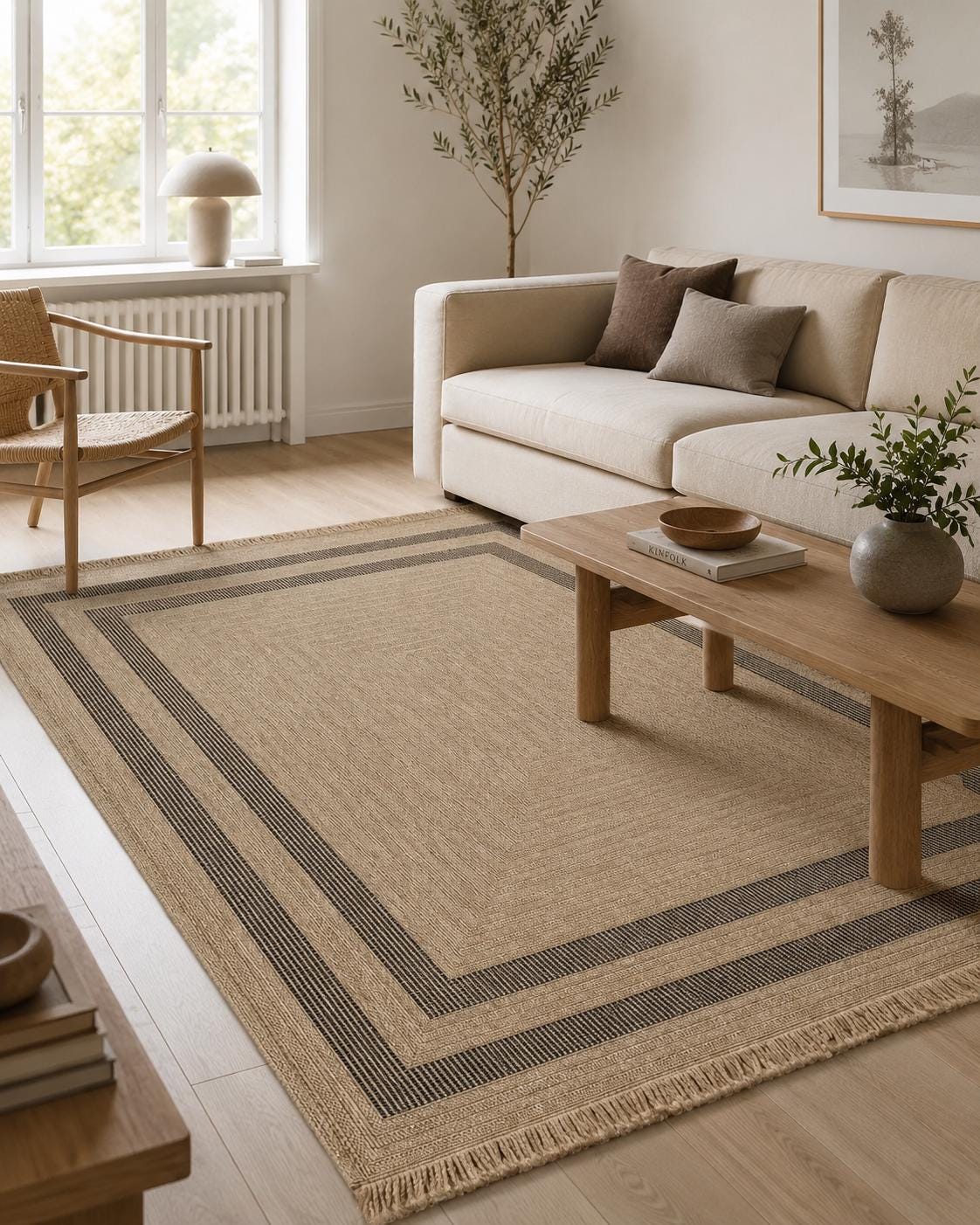 Beige Black Striped Area Rug, Textured Woven Jute Style Carpet, Modern Farmhouse Bedroom