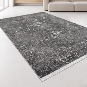 Charcoal Grey Distressed Abstract Area Rug, Modern Minimalist Floor Carpet