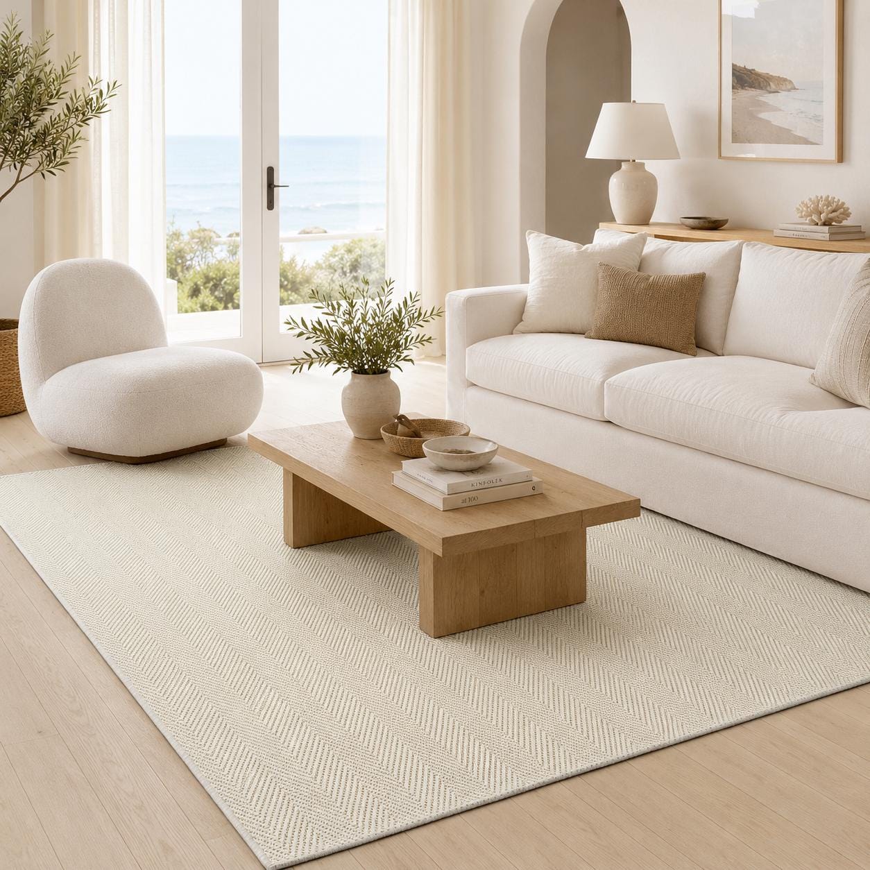 Cream Textured Woven Area Rug, Scandinavian Japandi Living Room Carpet
