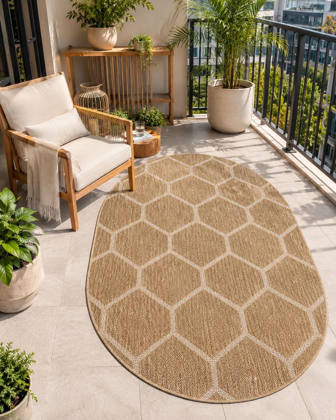 Oval Geometric Woven Area Rug, Neutral Boho Scandinavian Carpet