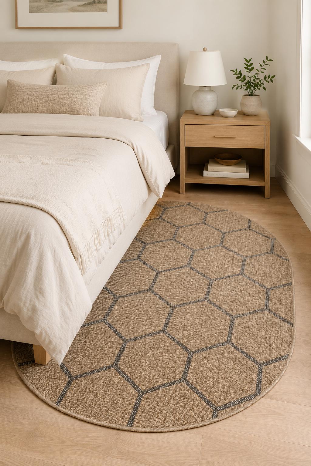 Oval Honeycomb Geometric Rug, Beige Black Woven Living Room Carpet, Boho Scandinavian Entryway Rug