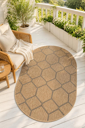 Oval Honeycomb Geometric Rug, Beige Black Woven Living Room Carpet, Boho Scandinavian Entryway Rug