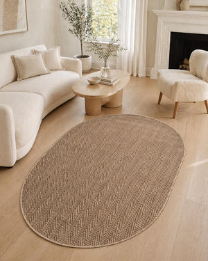 Brown Oval Herringbone Rug, Natural Woven Farmhouse Carpet, Minimalist Living Room Bedroom