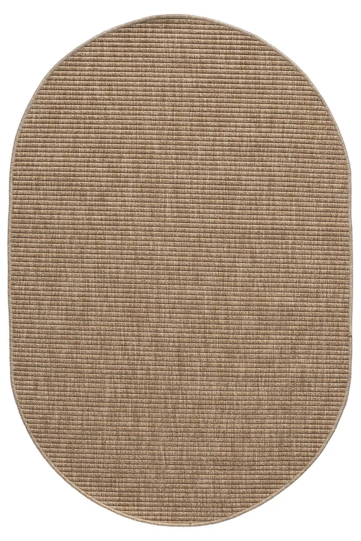 Beige Oval Area Rug, Ribbed Textured Carpet, Minimalist Scandinavian Japandi Floor Rug