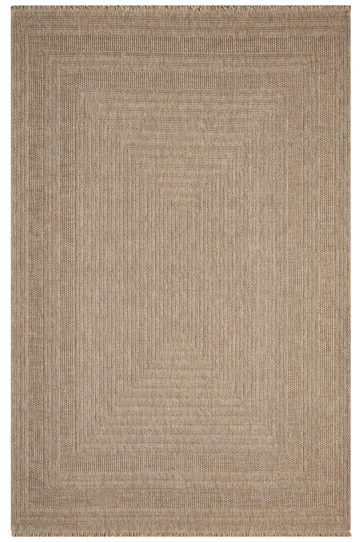 Beige Woven Area Rug, Textured Border Carpet, Minimalist Scandinavian Bedroom Floor Rug