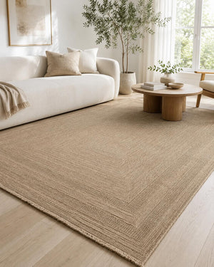 Beige Woven Area Rug, Textured Border Carpet, Minimalist Scandinavian Bedroom Floor Rug