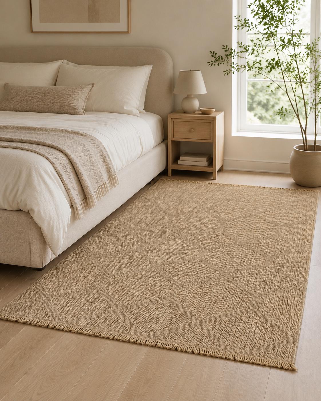 Beige Geometric Woven Area Rug, Natural Jute Style Carpet, Scandinavian Living Room Floor Rug