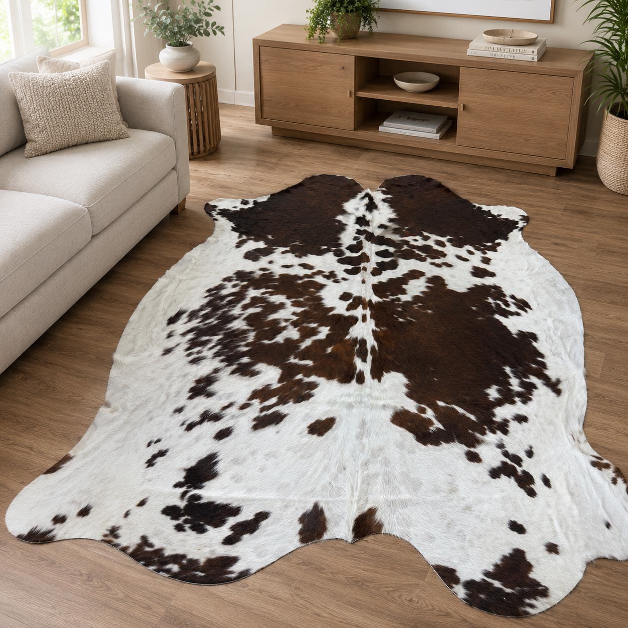 Üç Renkli Dana Derisi Halı 202x227 cm – Hakiki Kıllı Beyaz Kahverengi Siyah Çiftlik Evi Bohem Post