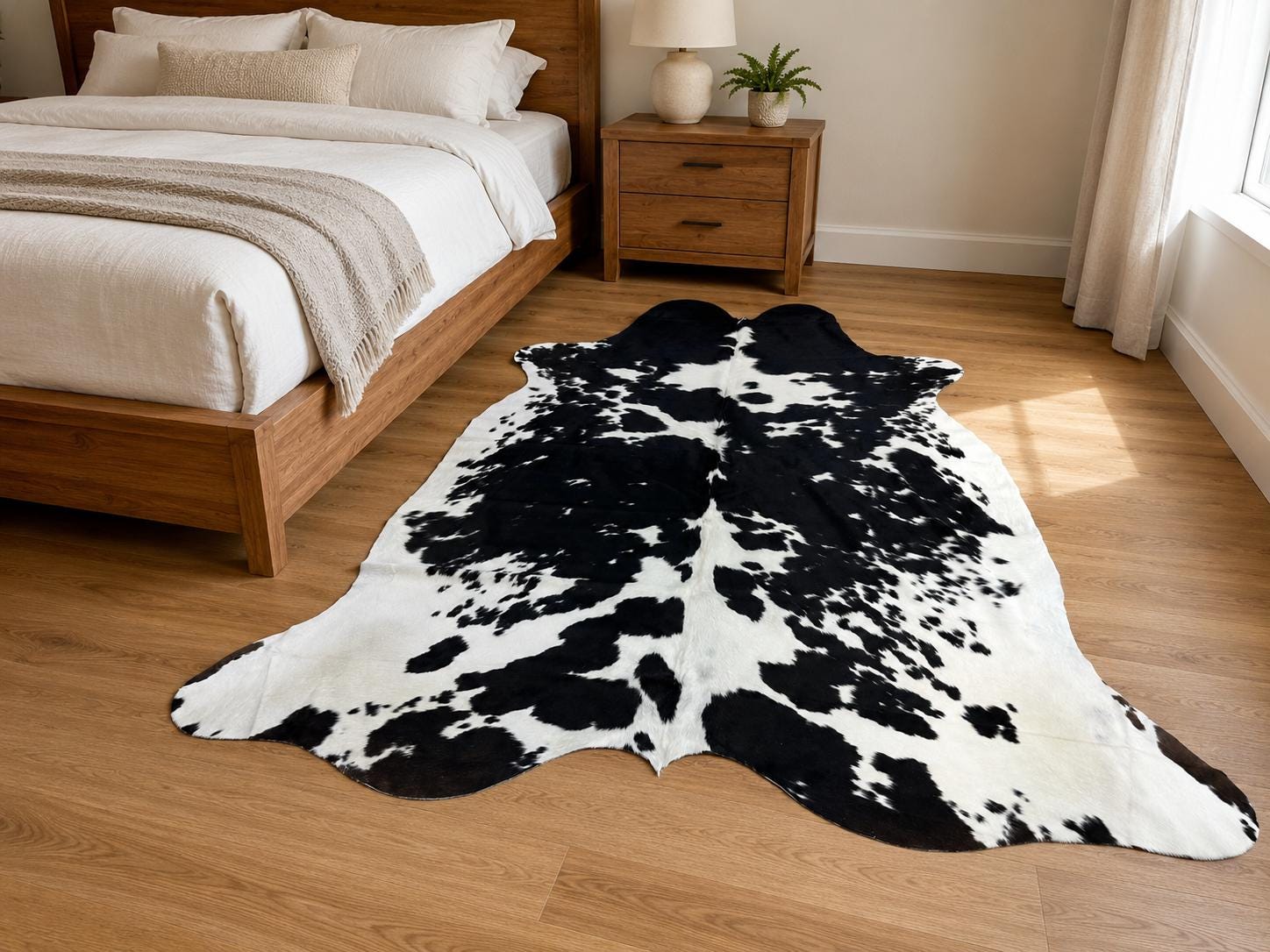 Siyah Beyaz Dana Derisi Halı 217x240 cm – Doğal Kıllı İnek Derisi Western Çiftlik Evi Post Halı