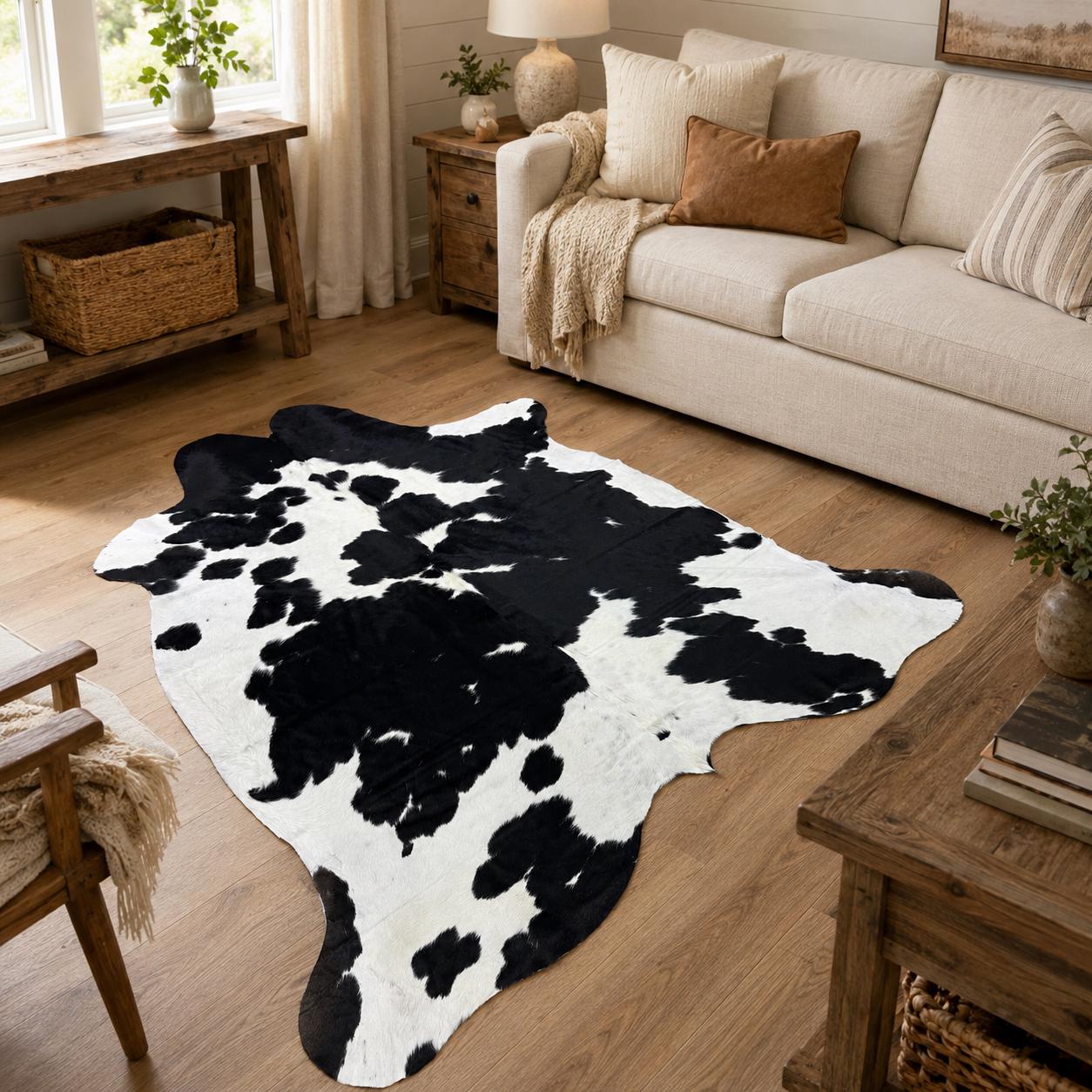 Hakiki Siyah Beyaz Dana Derisi Halı 214x235 cm – Büyük Cesur Benekli Kıllı Post Halı