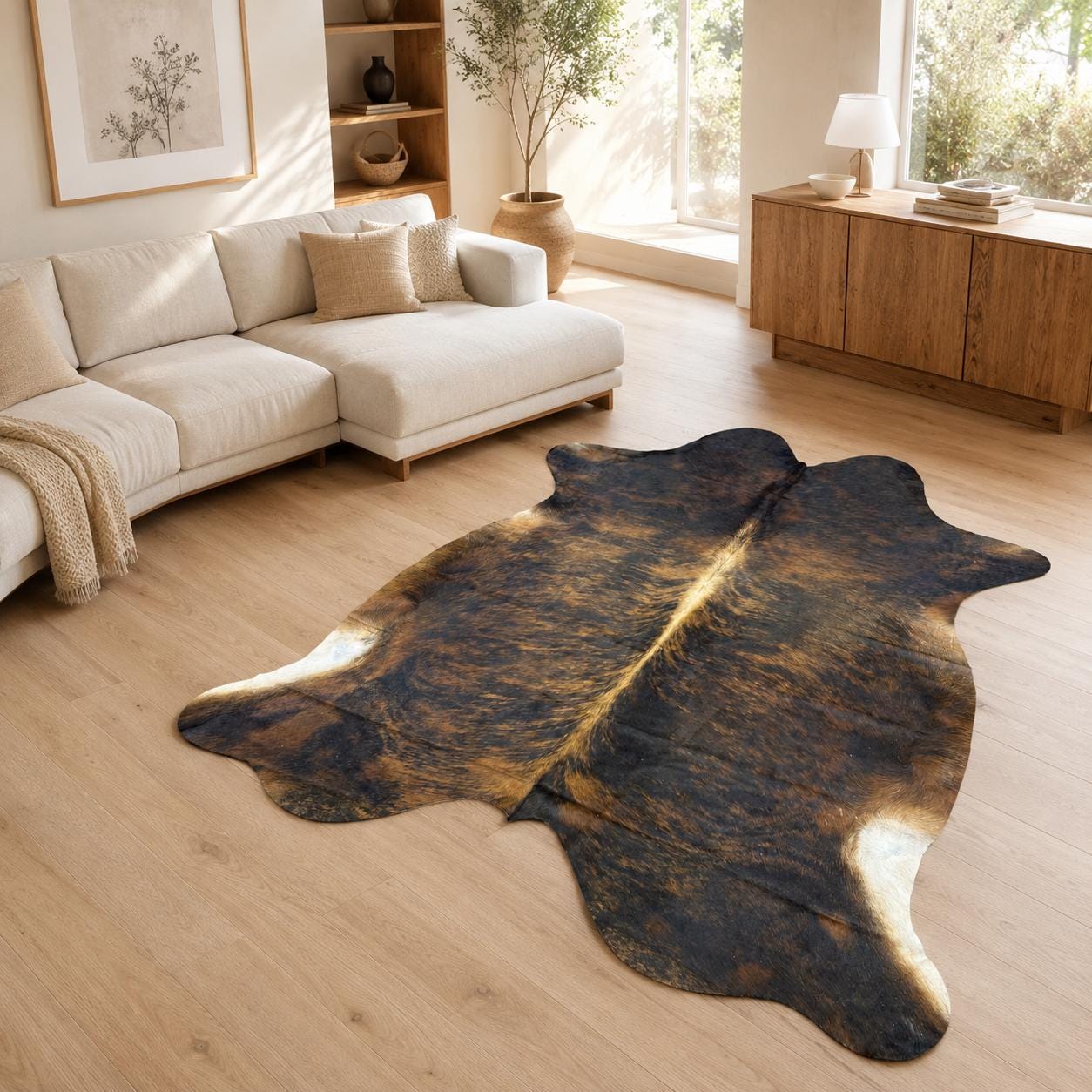 Hakiki Brindle Dana Derisi Halı 212x233 cm – Koyu Brindle Kahverengi Siyah Kıllı Post Halı